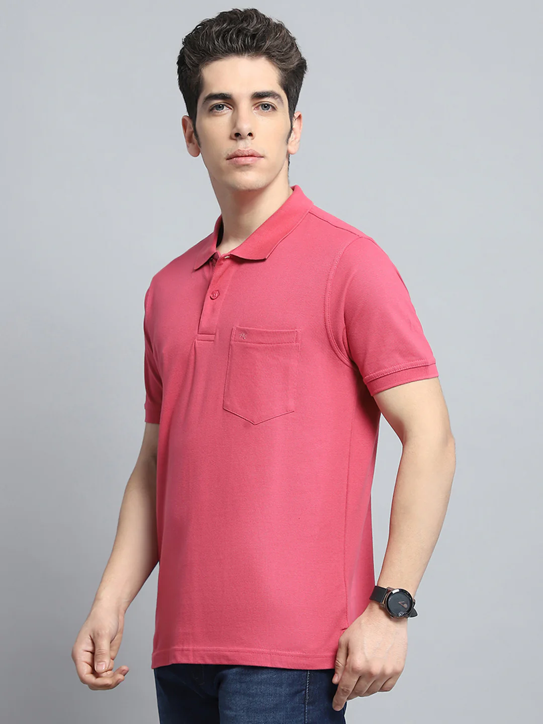 Men Pink Solid Collar Half Sleeve T-Shirt - Image 3
