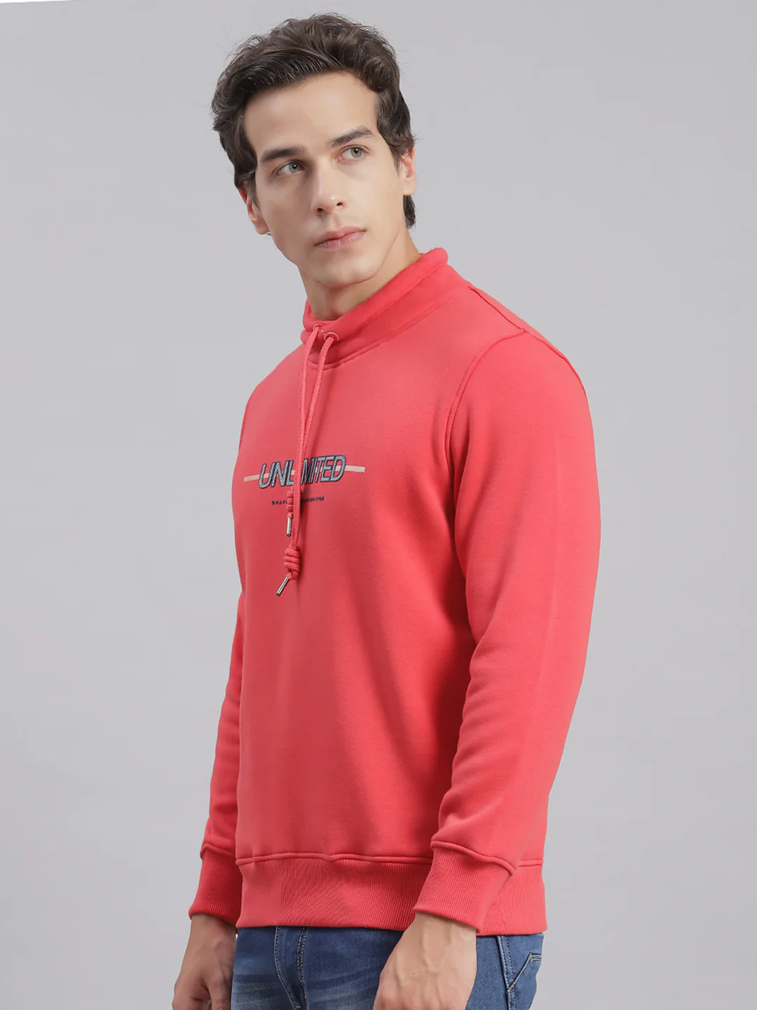 Men Pink Solid F Neck Full Sleeve Sweatshirts - Image 3