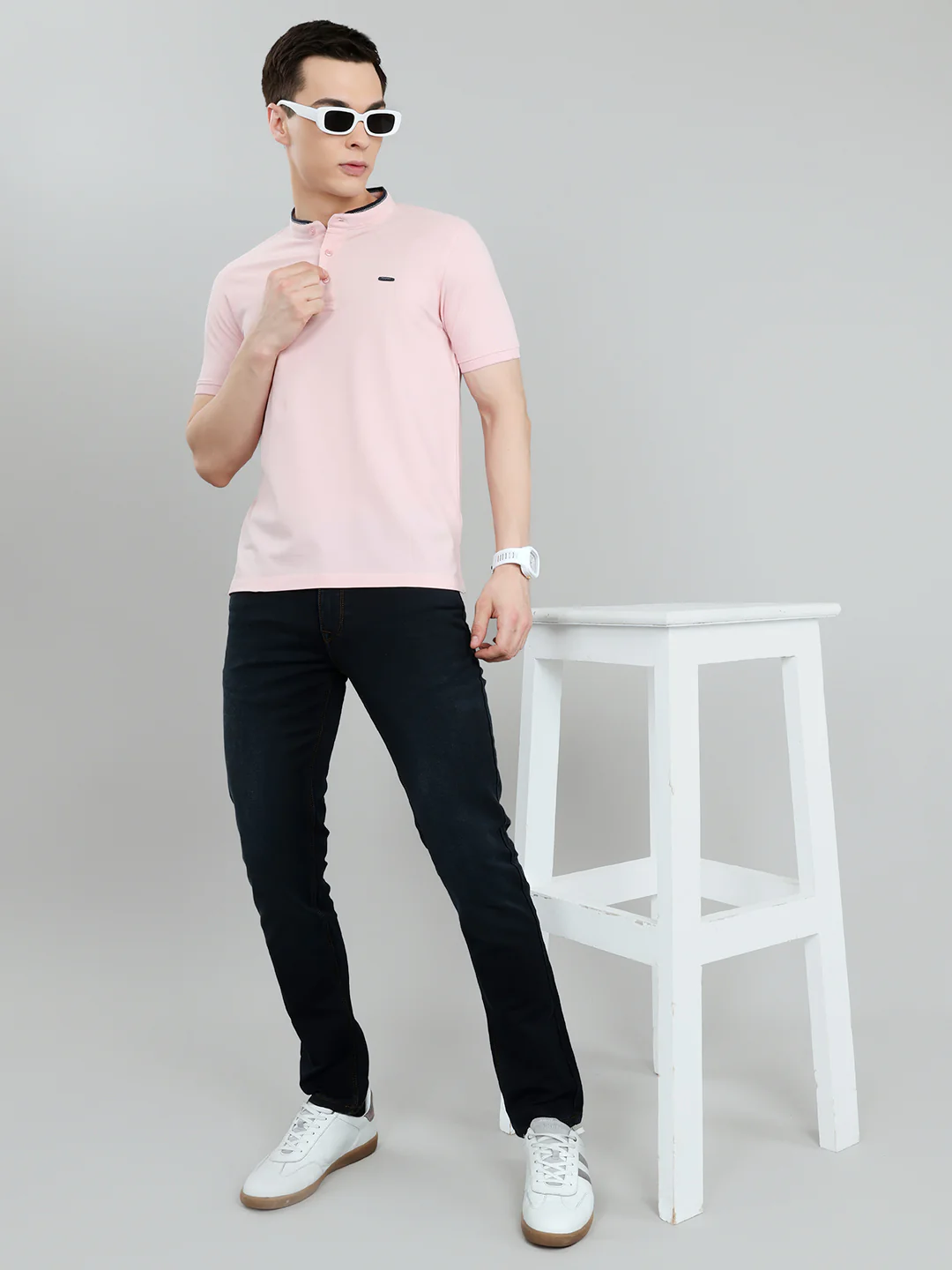 Men Pink Solid Henley Neck Half Sleeve T-Shirt - Image 6