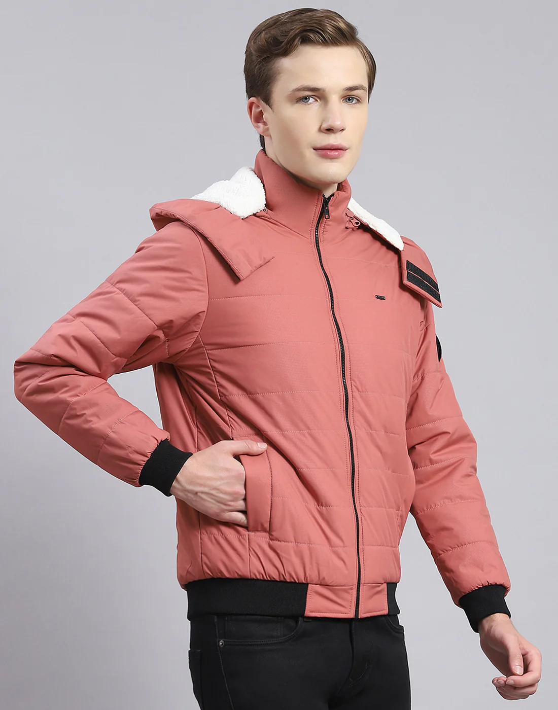 Men Pink Solid Hooded Full Sleeve Jacket - Image 5