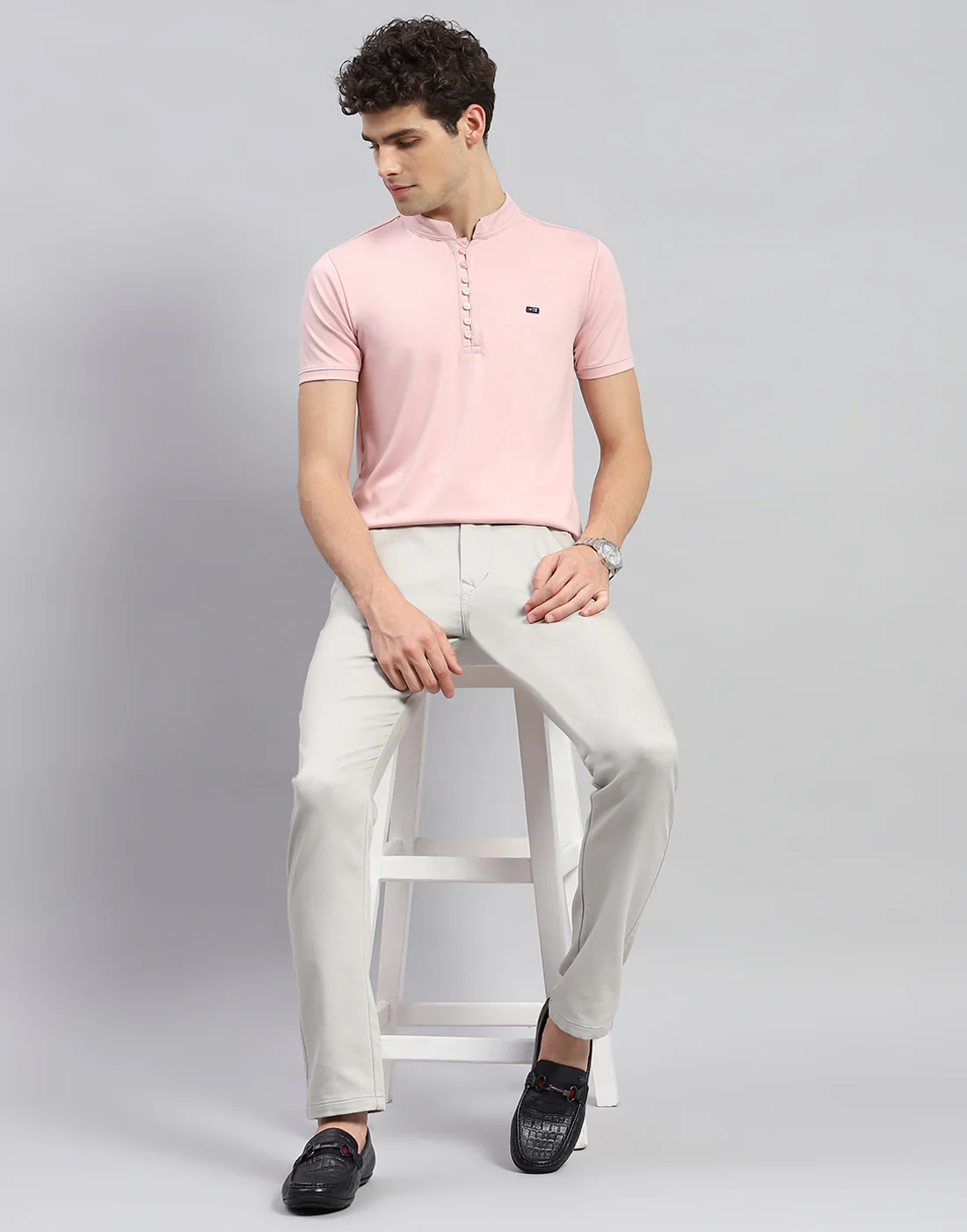 Men Pink Solid  Mandarin Neck Half Sleeve T-Shirt - Image 2