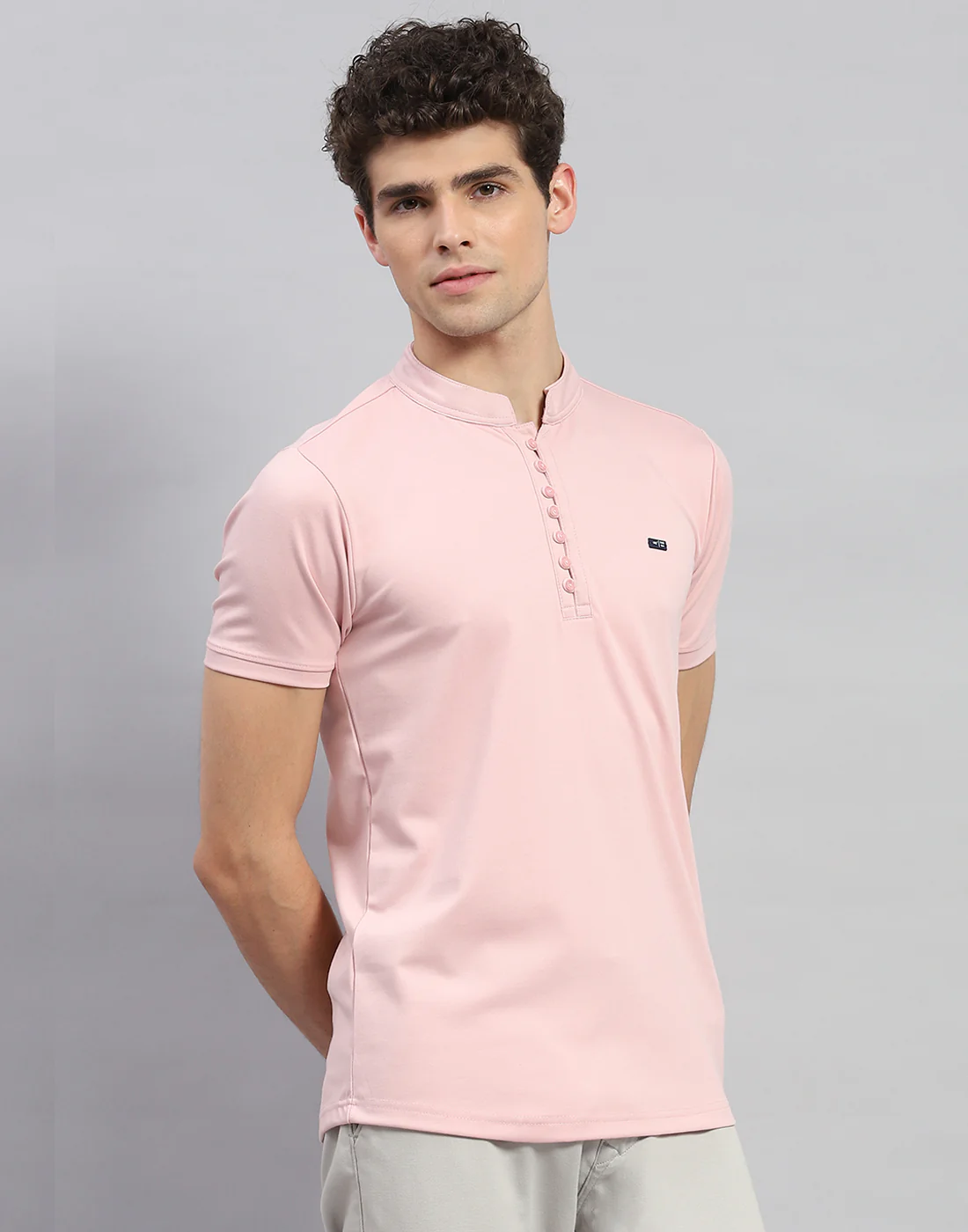 Men Pink Solid  Mandarin Neck Half Sleeve T-Shirt - Image 4