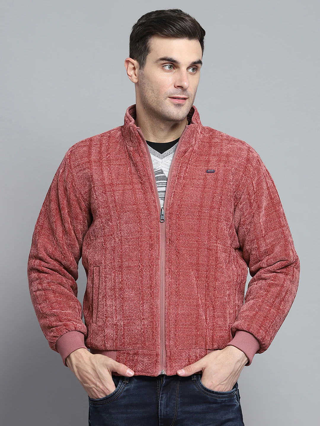 Men Pink Solid Mock Neck Full Sleeve Jacket - Image 9