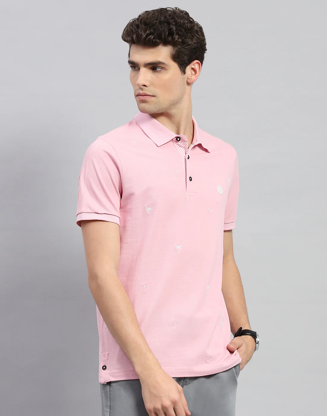 Men Pink Solid Polo Collar Half Sleeve T-Shirt - Image 4