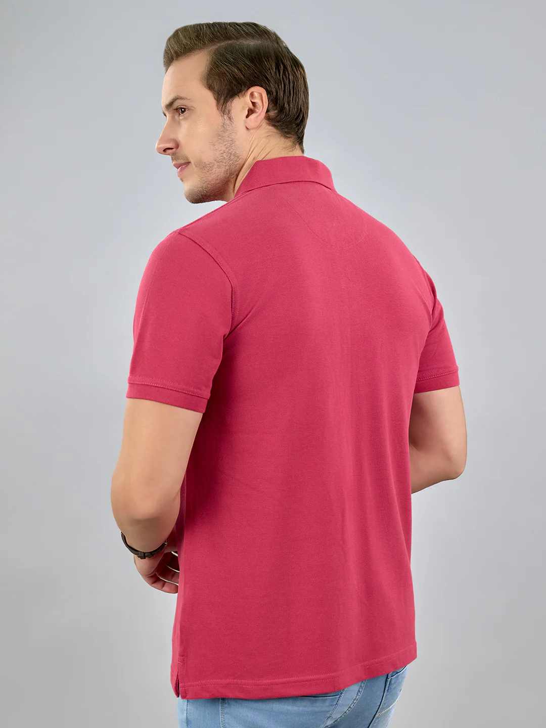 Men Pink Solid Polo Collar Half Sleeve T-Shirt - Image 4