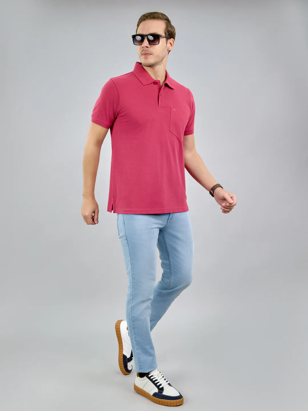 Men Pink Solid Polo Collar Half Sleeve T-Shirt - Image 7