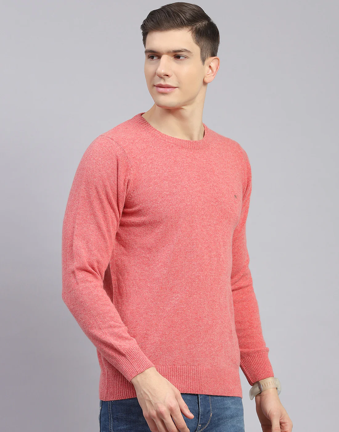 Men Pink Solid Round Neck Full Sleeve Sweater - Image 6