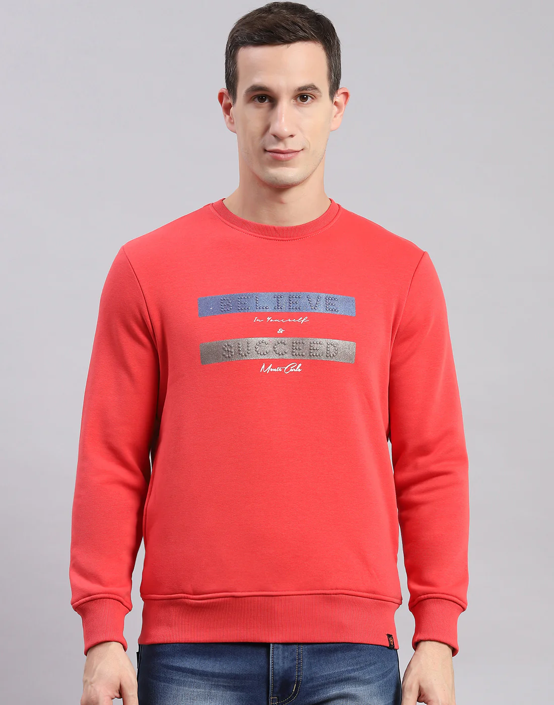 Men Pink Solid Round Neck Full Sleeve Sweatshirts - Image 3