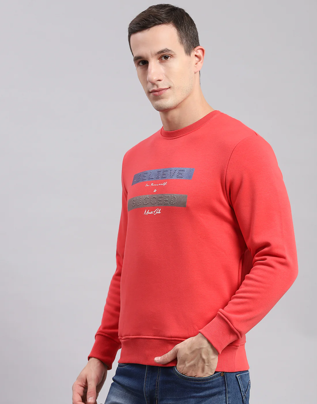 Men Pink Solid Round Neck Full Sleeve Sweatshirts - Image 4