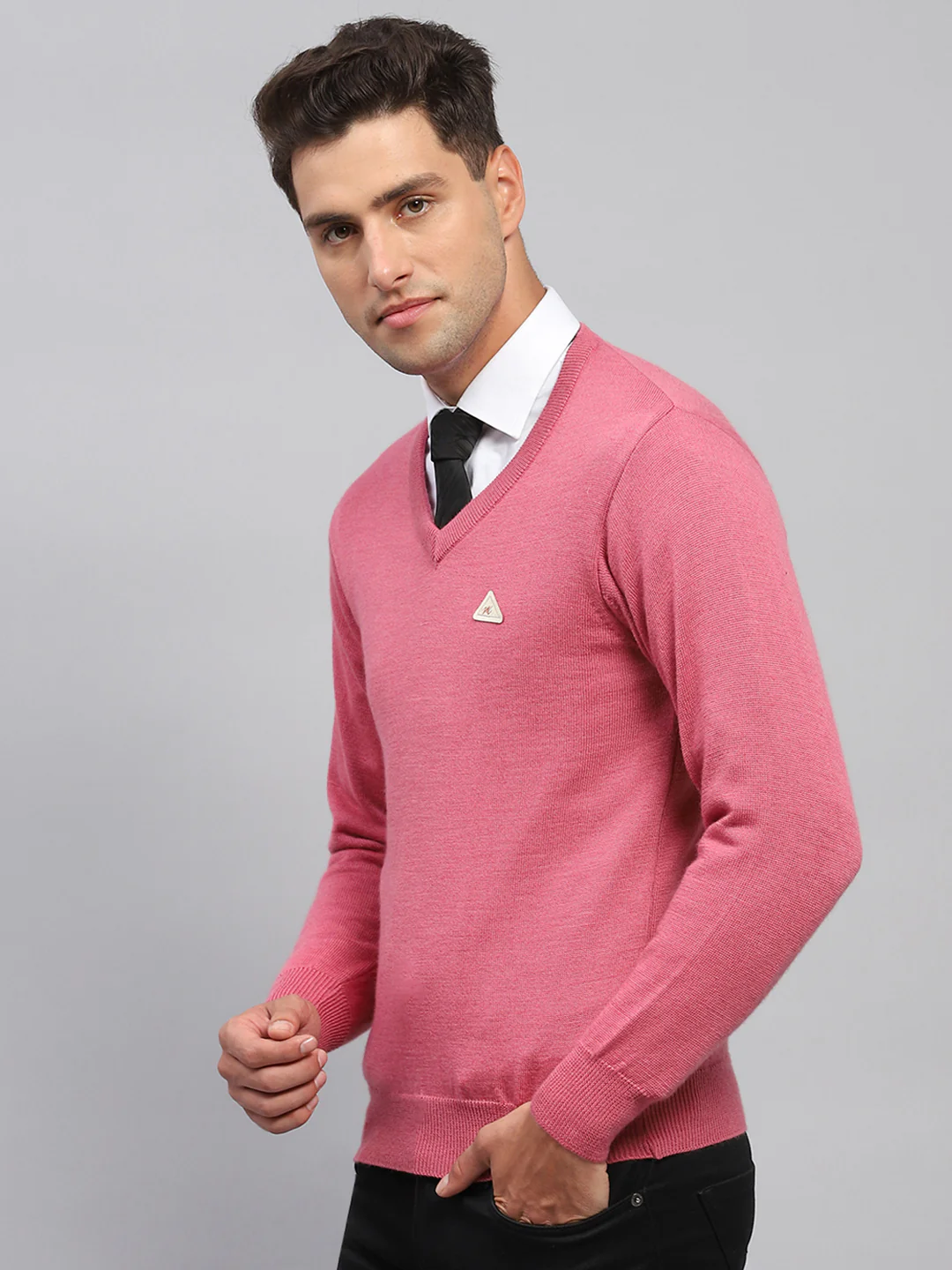 Men Pink Solid V Neck Full Sleeve Pullover - Image 3