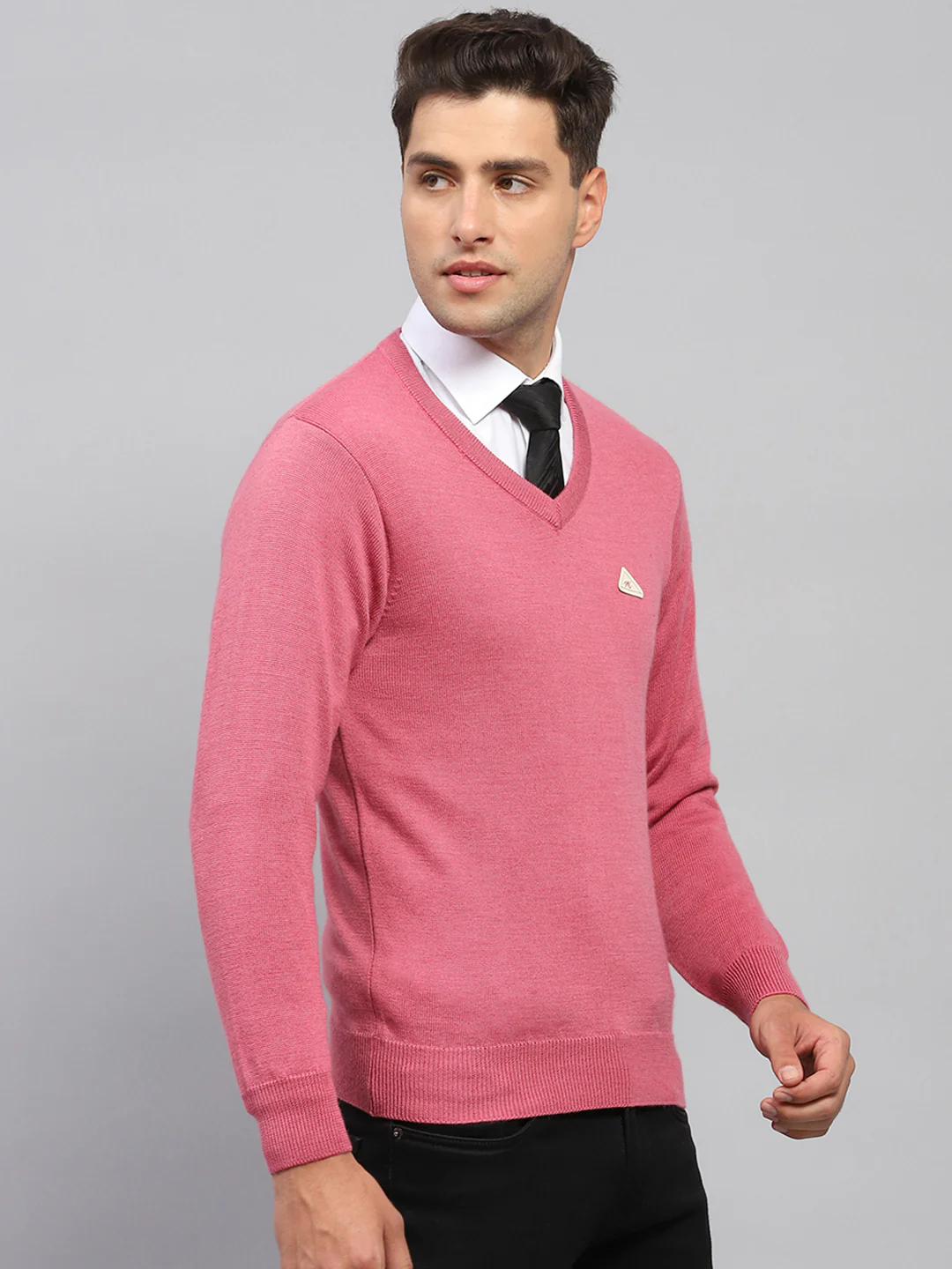 Men Pink Solid V Neck Full Sleeve Pullover - Image 4