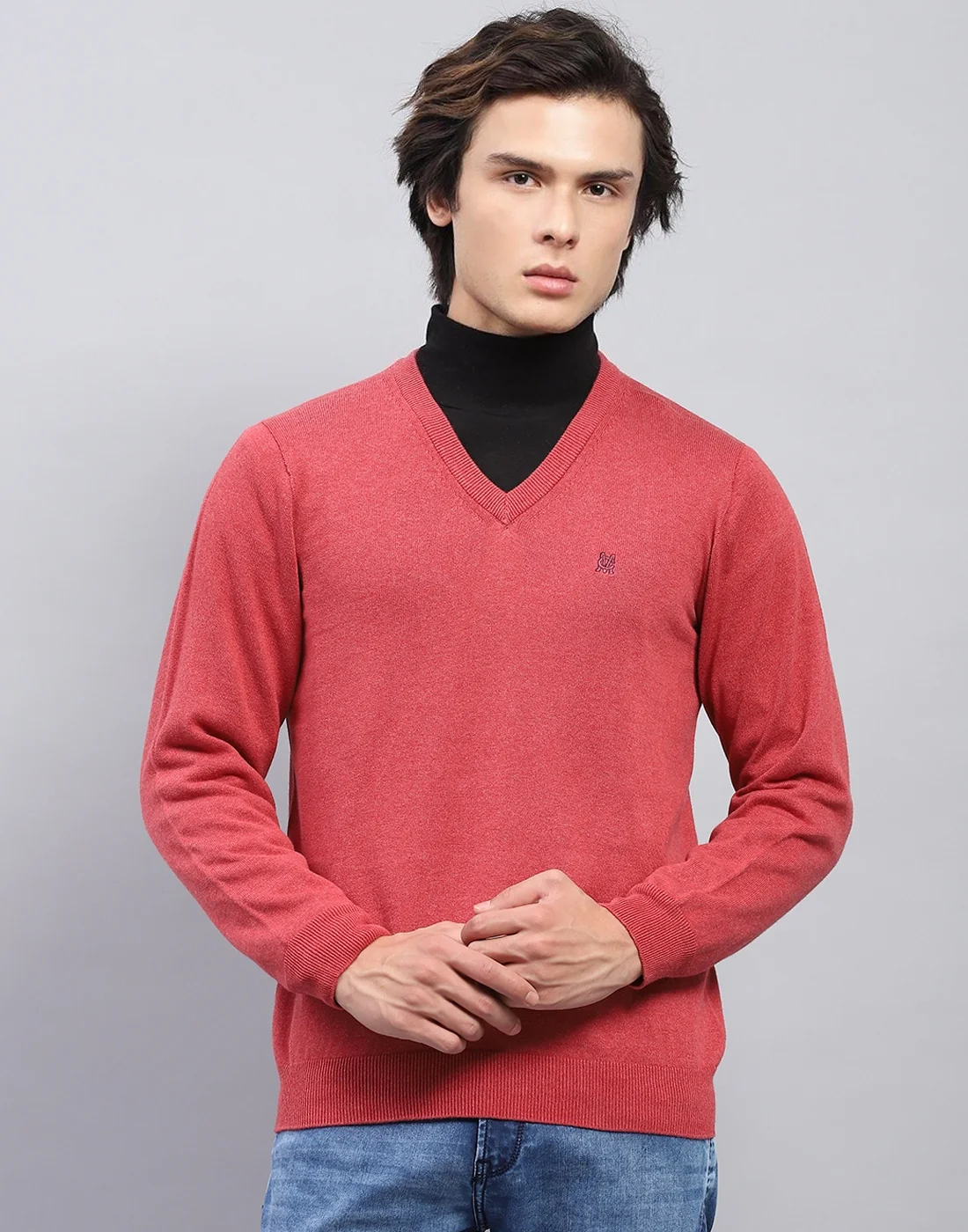 Men Pink Solid V Neck Full Sleeve Pullover - Image 2