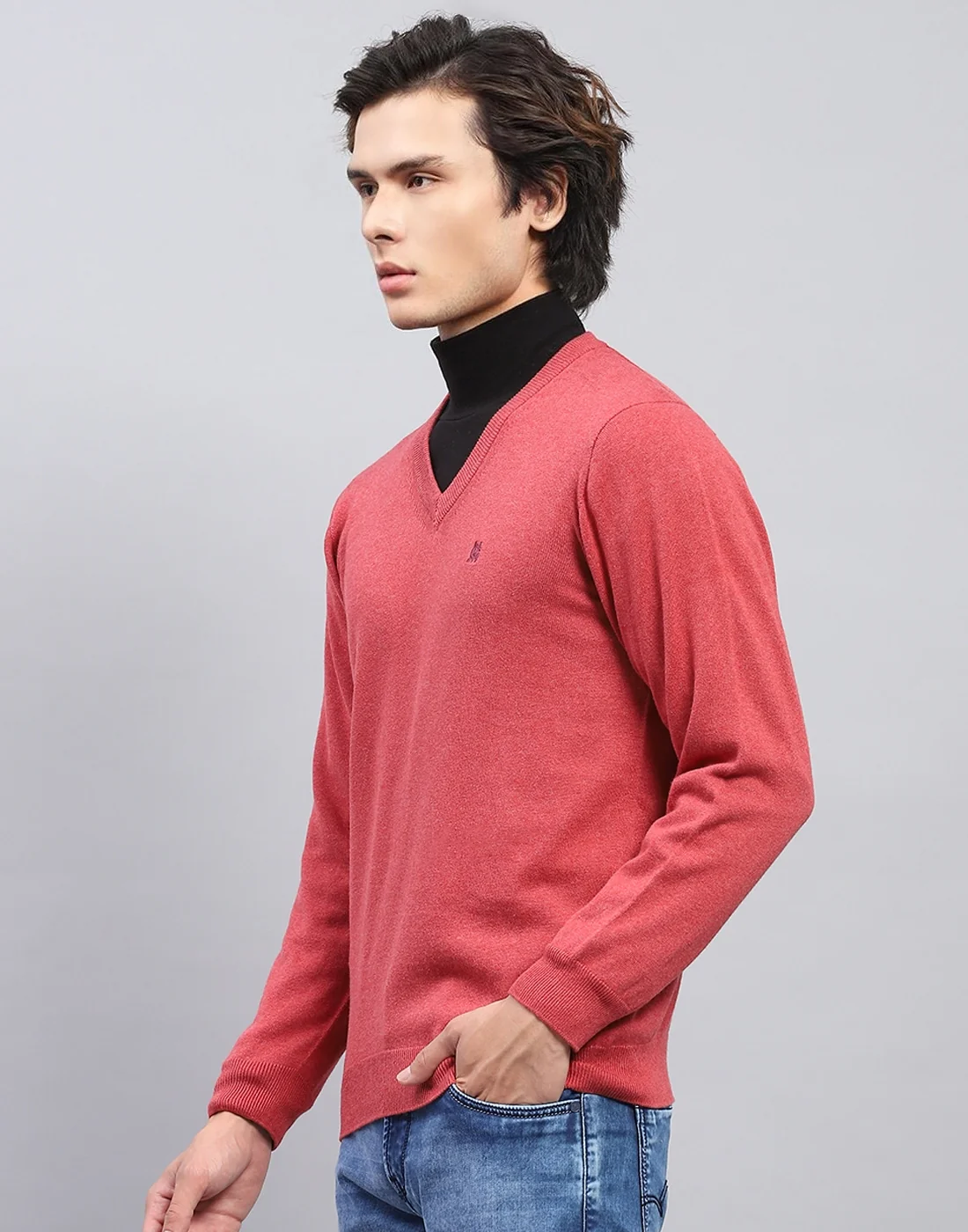 Men Pink Solid V Neck Full Sleeve Pullover - Image 3