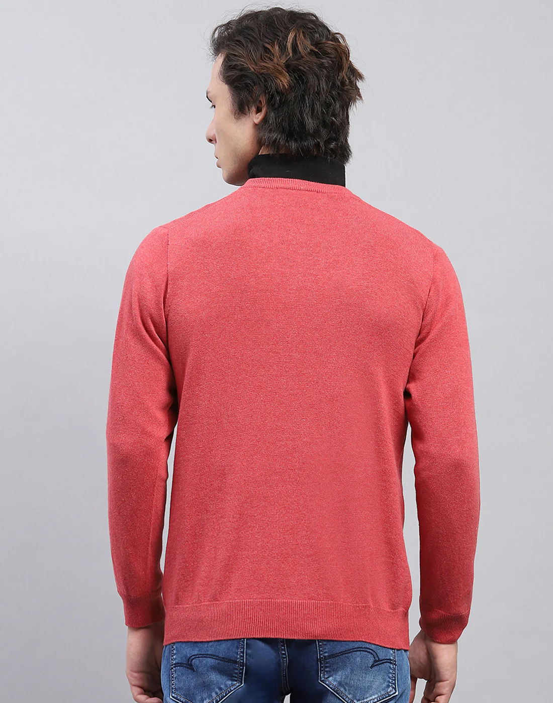 Men Pink Solid V Neck Full Sleeve Pullover - Image 5
