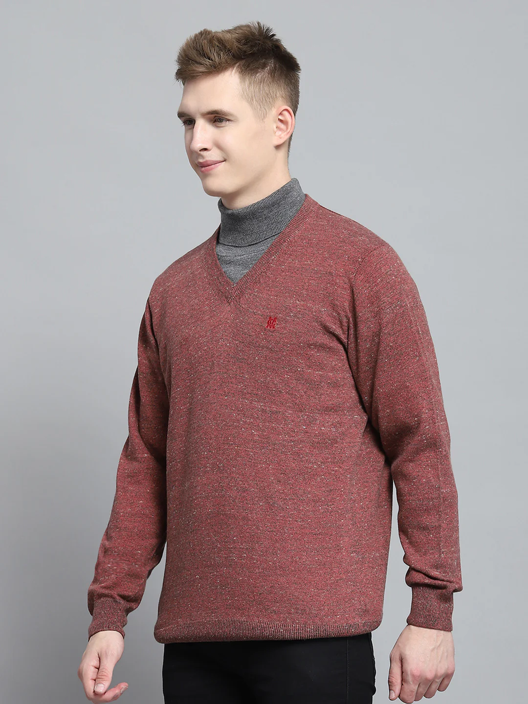 Men Pink Solid V Neck Full Sleeve Pullover - Image 3
