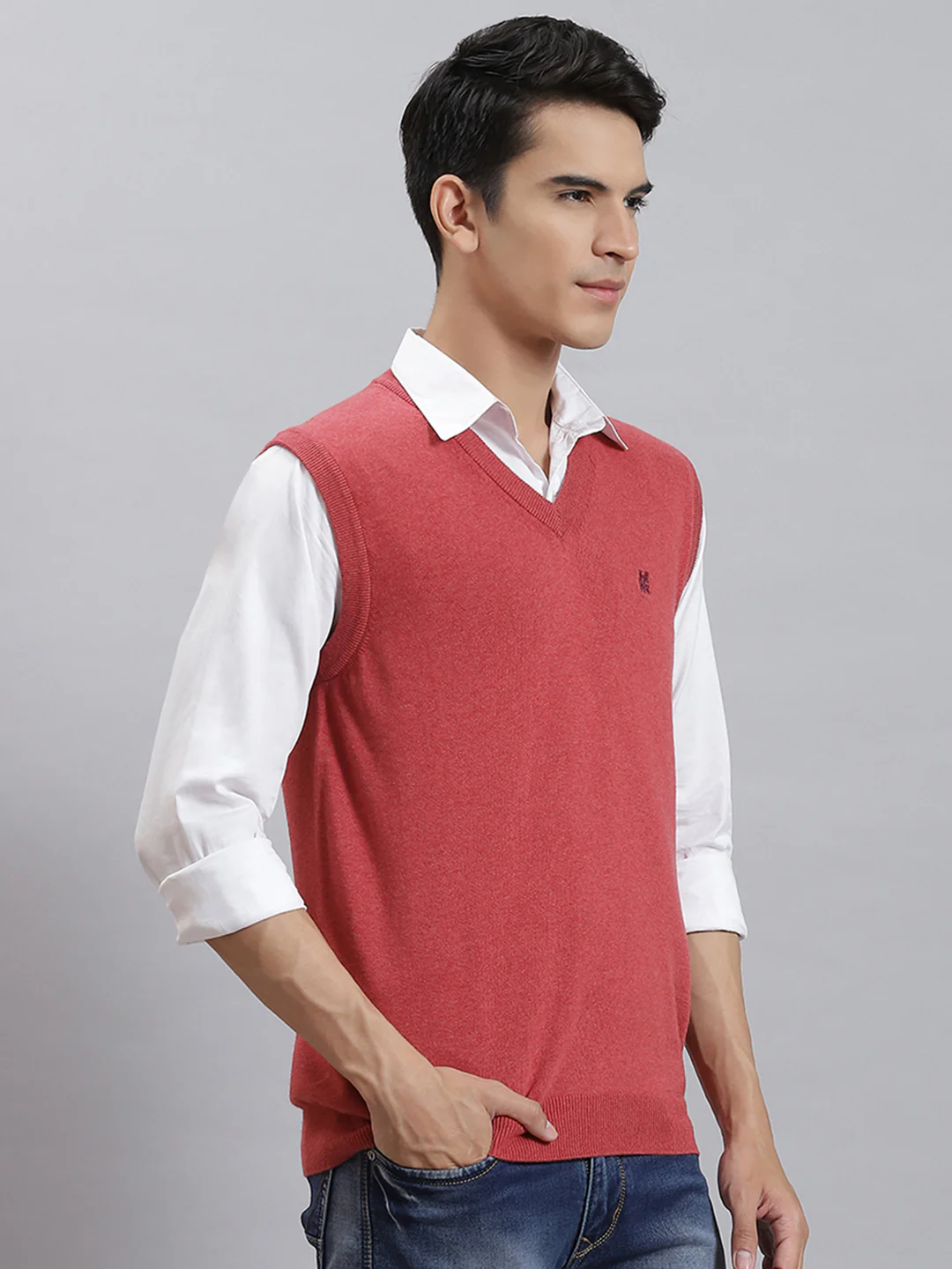 Men Pink Solid V Neck Sleeveless Sweaters/Pullovers - Image 4