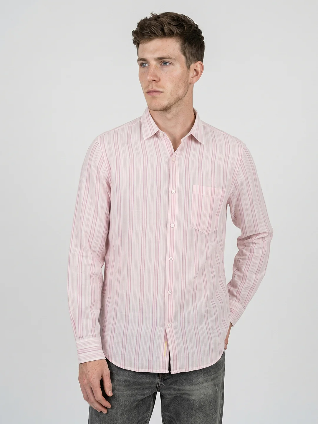 Men Pink Stripe Collar Full Sleeve Shirt - Image 2