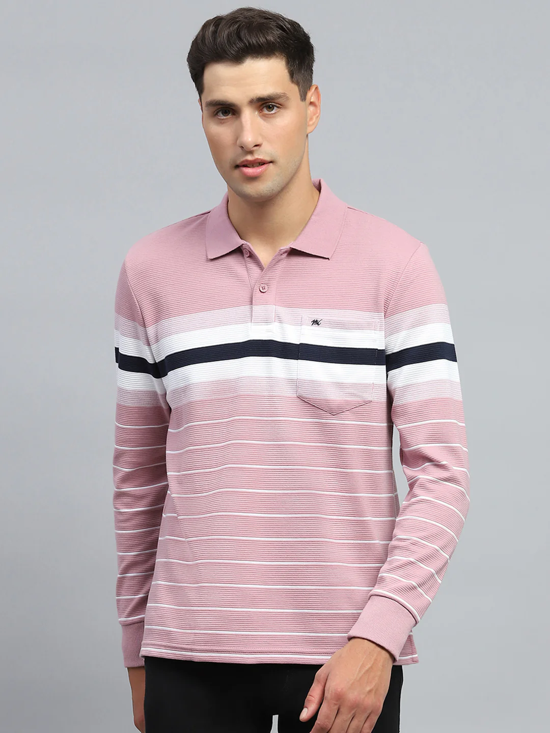 Men Pink Stripe Collar Full Sleeve Winter T-Shirt - Image 2