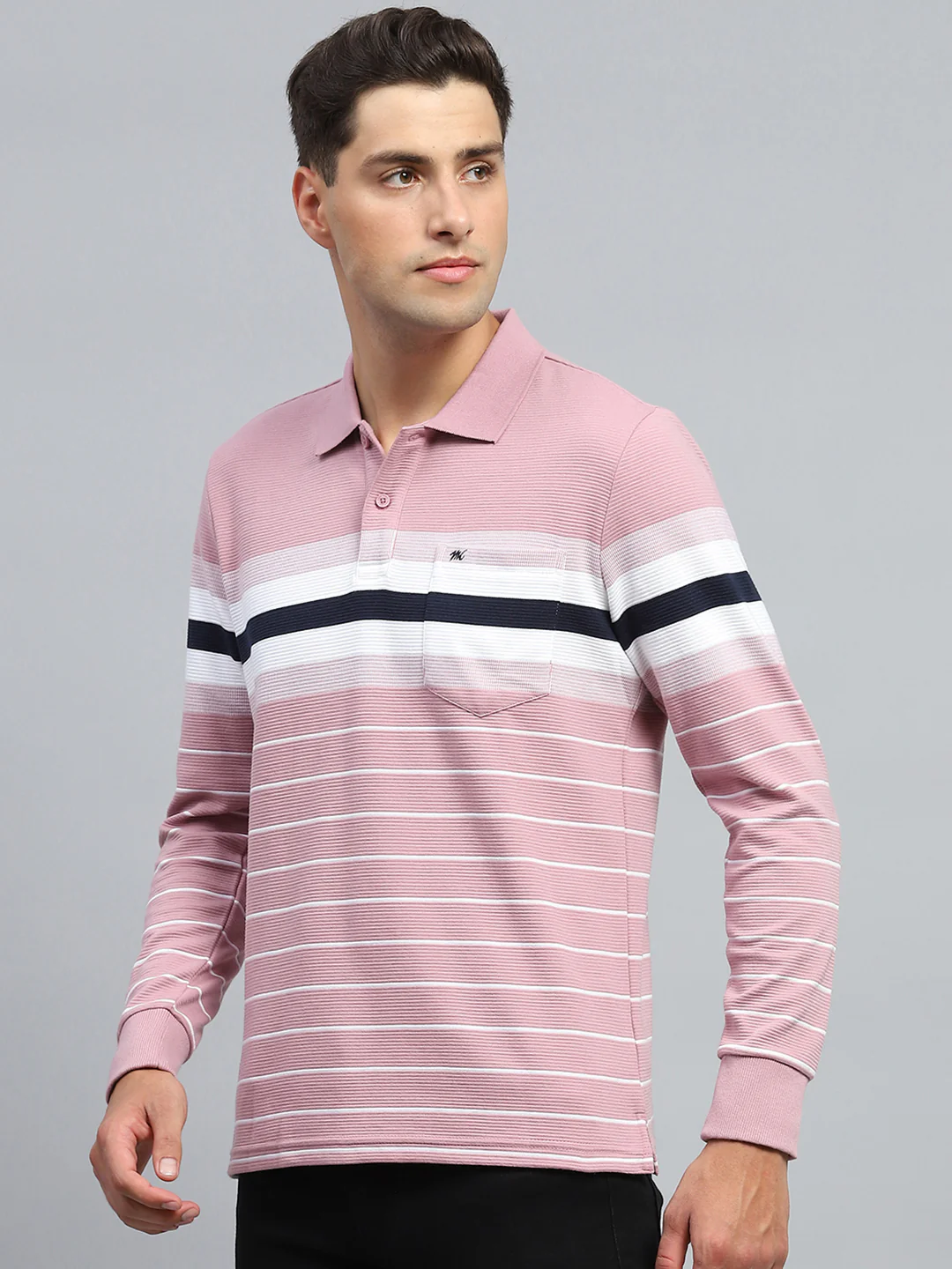 Men Pink Stripe Collar Full Sleeve Winter T-Shirt - Image 3