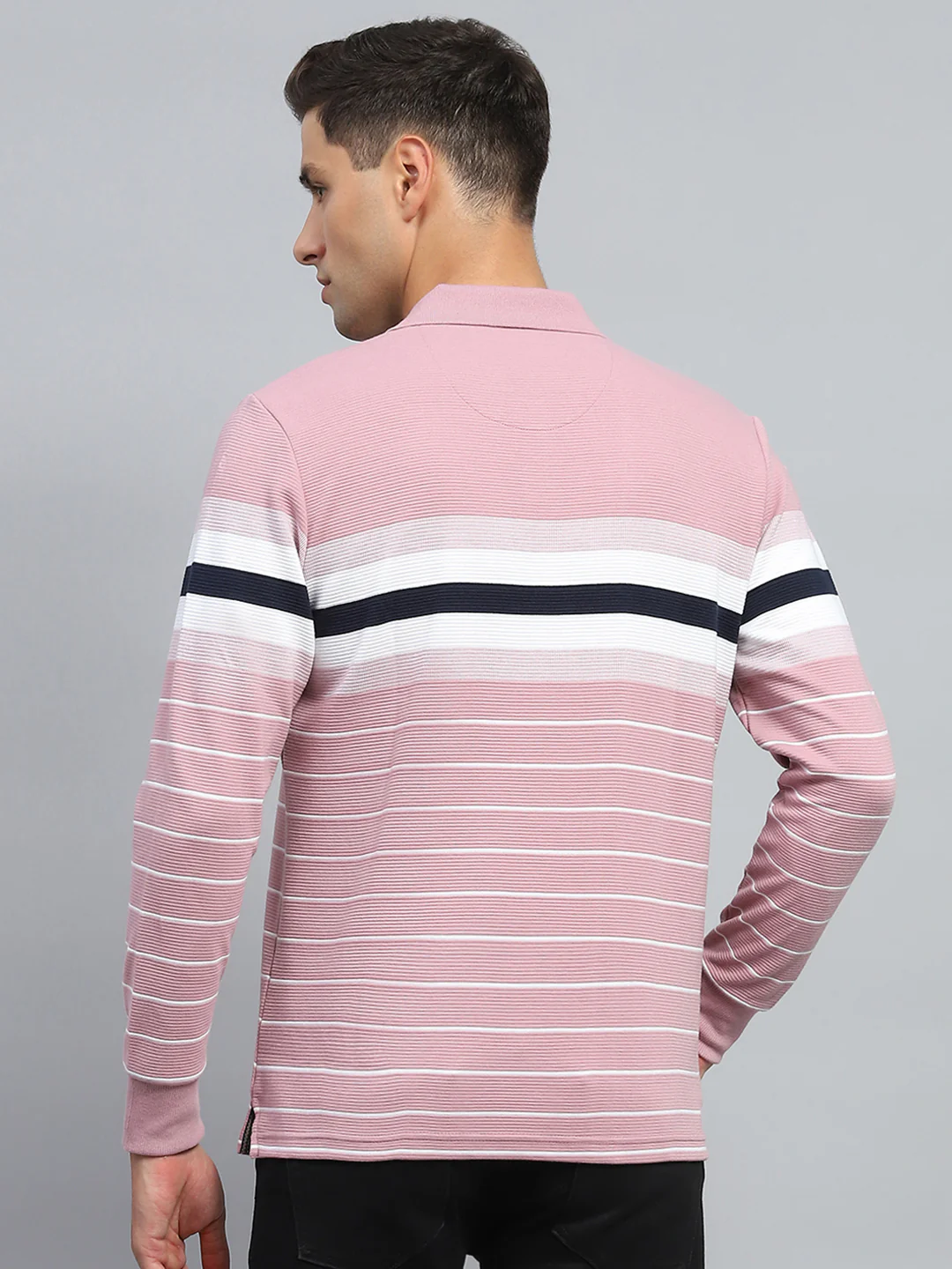 Men Pink Stripe Collar Full Sleeve Winter T-Shirt - Image 5