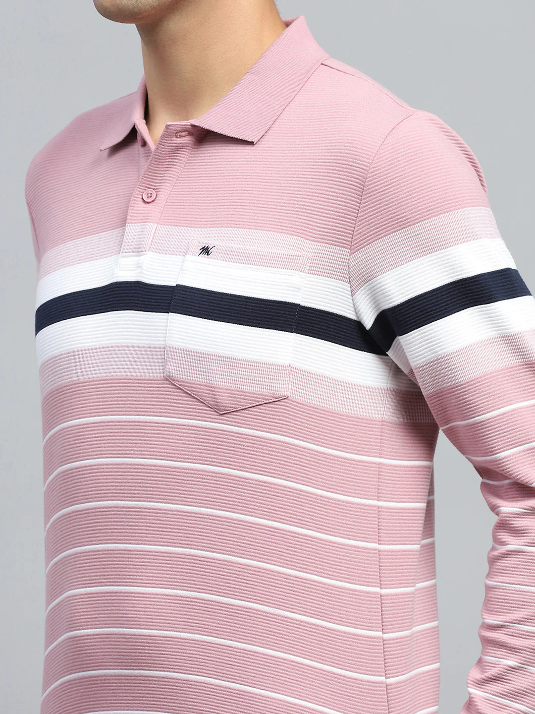 Men Pink Stripe Collar Full Sleeve Winter T-Shirt - Image 6