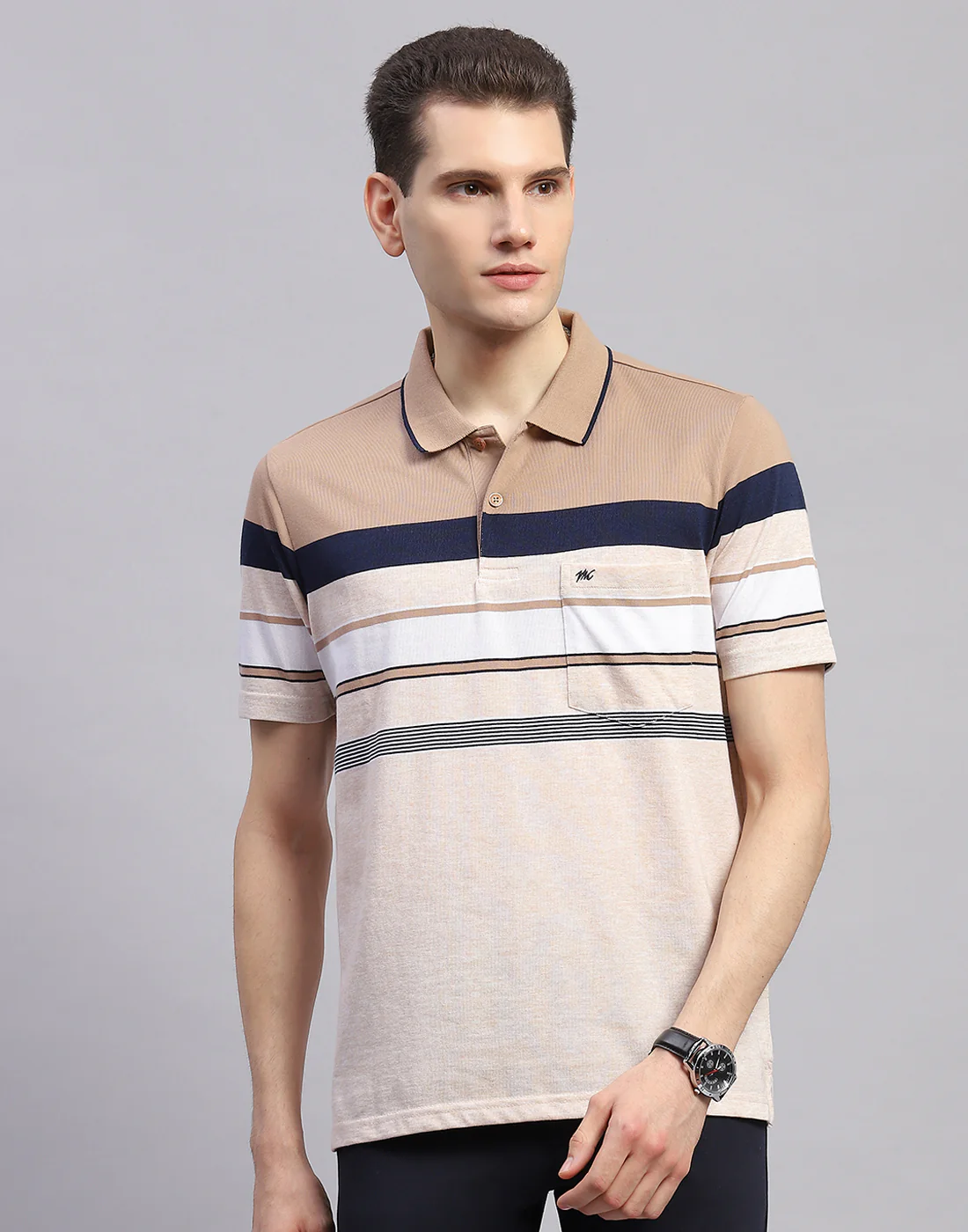 Men Pink Stripe Collar Half Sleeve T-Shirt - Image 3