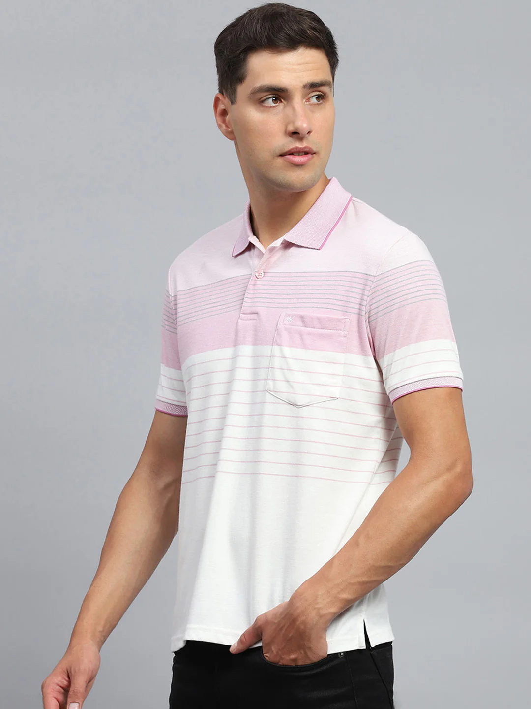 Men Pink Stripe Collar Half Sleeve T-Shirt - Image 3