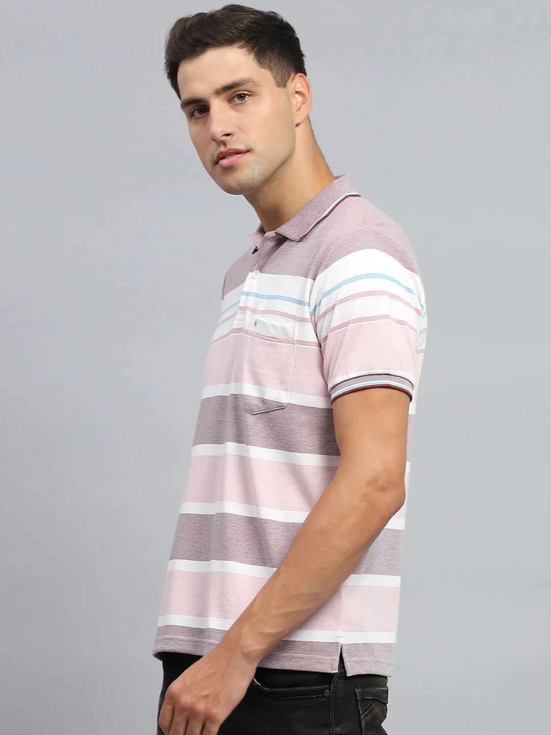 Men Pink Stripe Collar Half Sleeve T-Shirt - Image 3