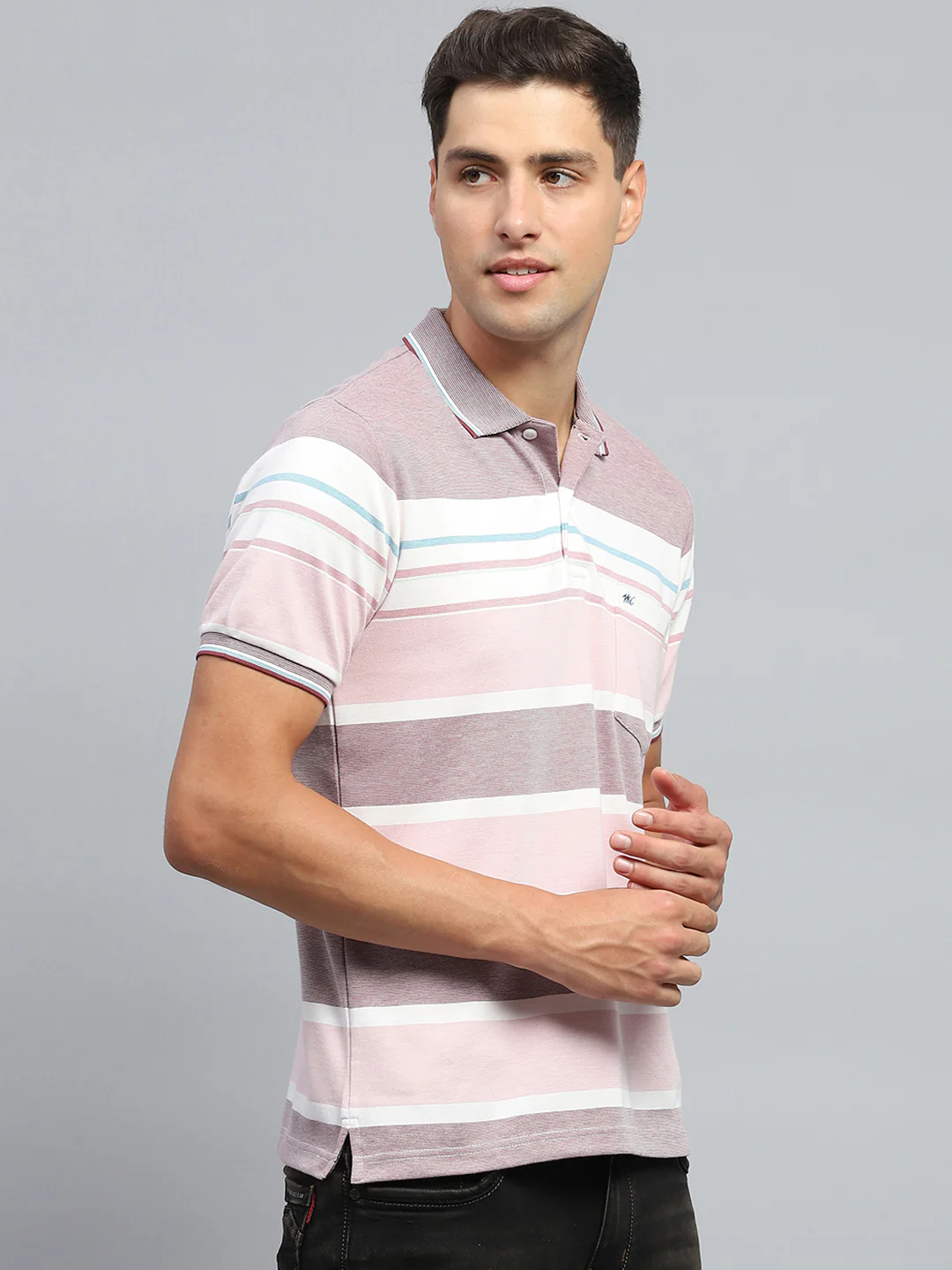 Men Pink Stripe Collar Half Sleeve T-Shirt - Image 4