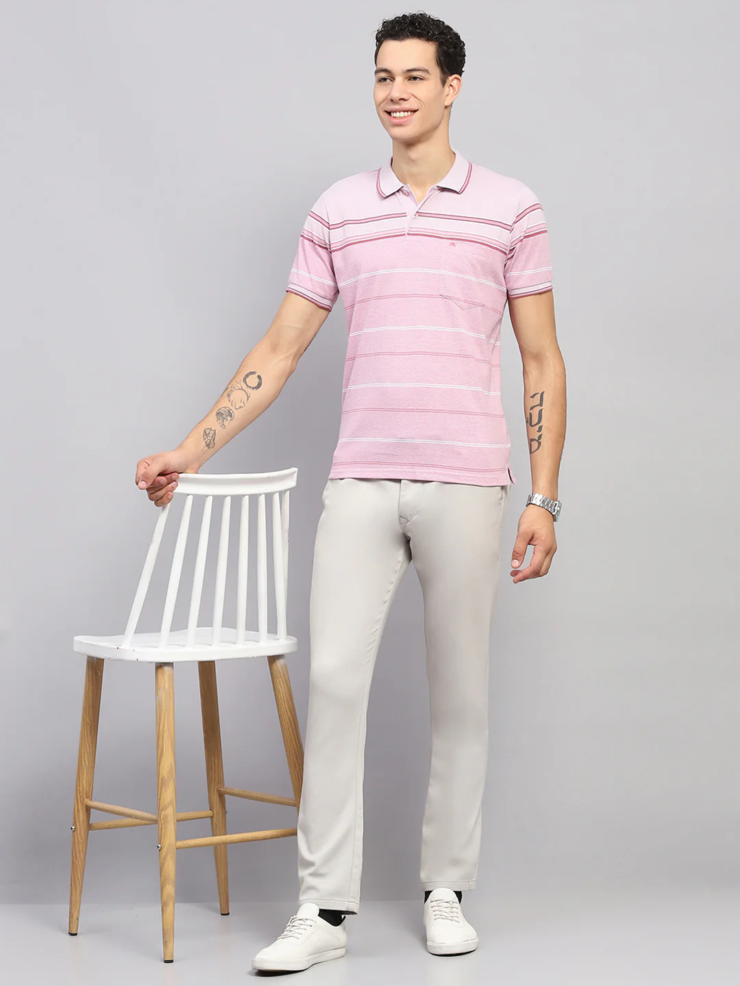 Men Pink Stripe Collar Half Sleeve T-Shirt - Image 2