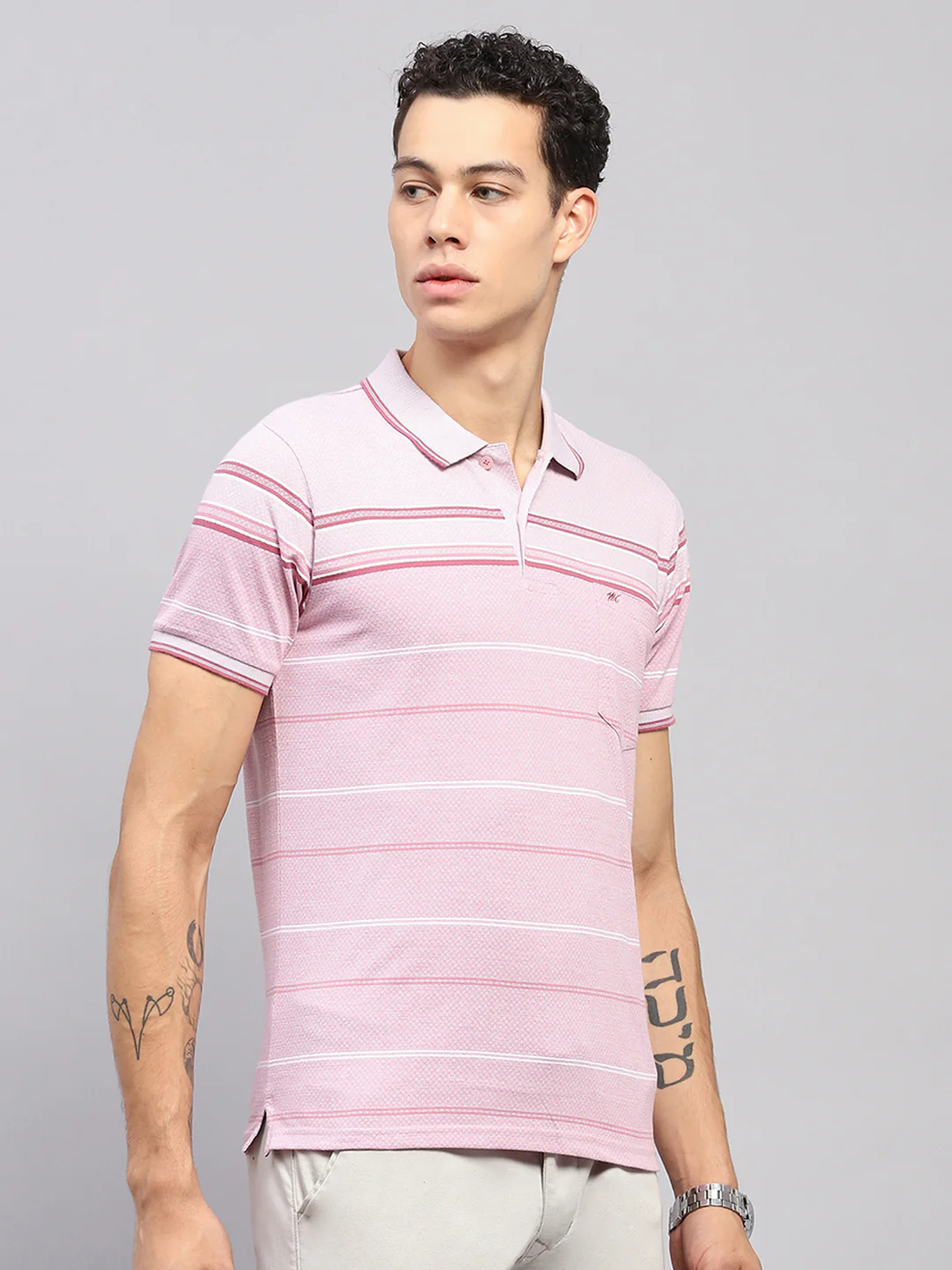 Men Pink Stripe Collar Half Sleeve T-Shirt - Image 4