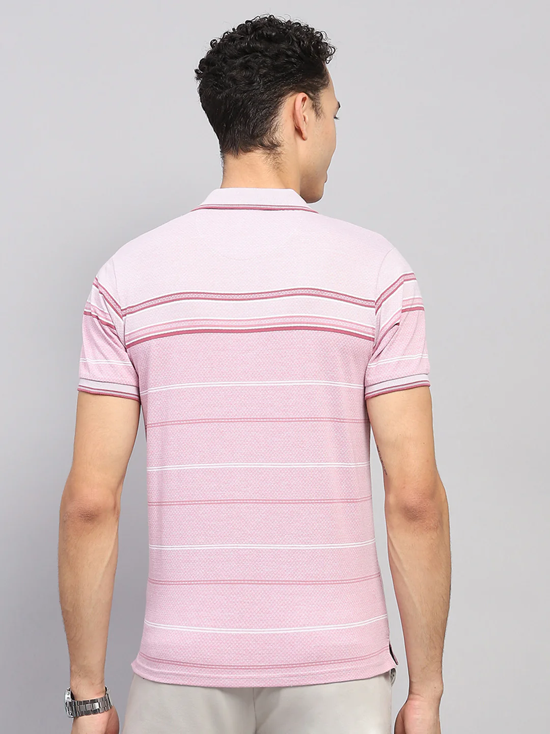 Men Pink Stripe Collar Half Sleeve T-Shirt - Image 5