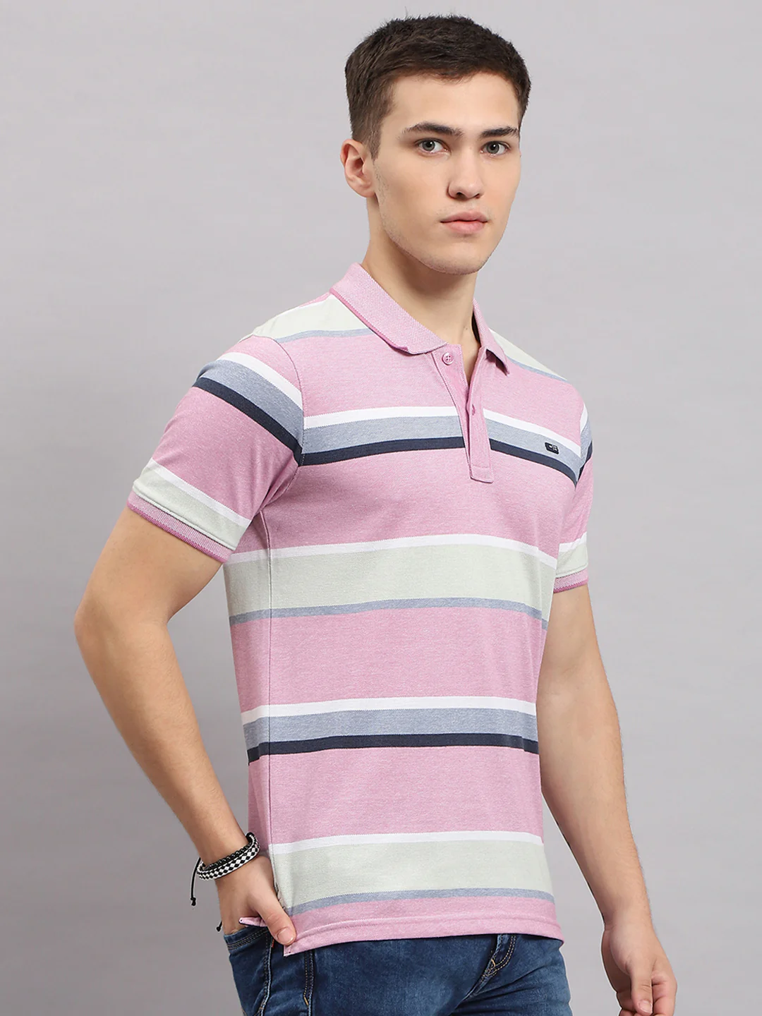Men Pink Stripe Collar Half Sleeve T-Shirt - Image 4