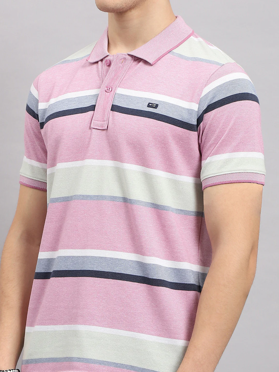 Men Pink Stripe Collar Half Sleeve T-Shirt - Image 7