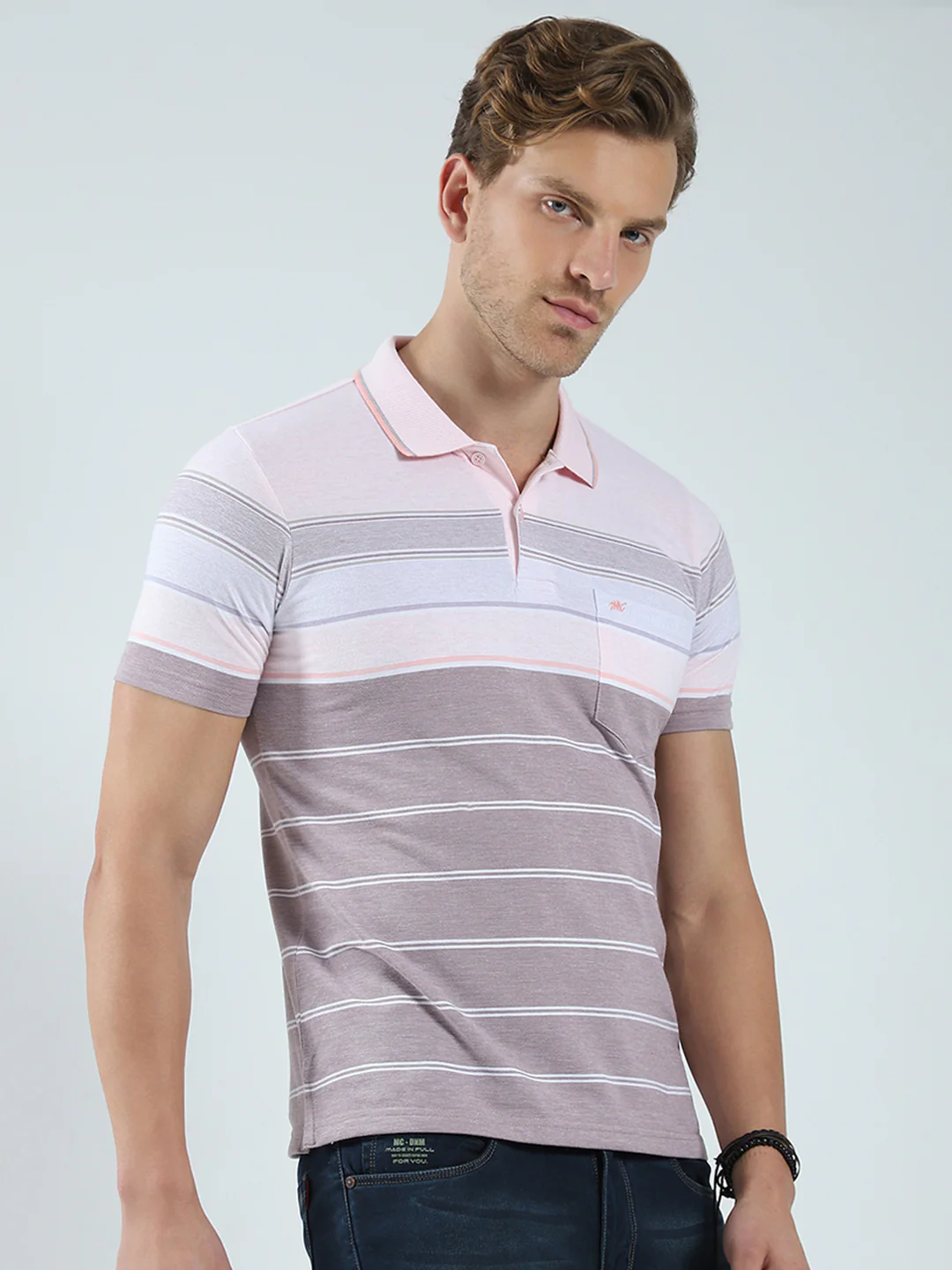 Men Pink Stripe Collar Half Sleeve T-Shirt - Image 4