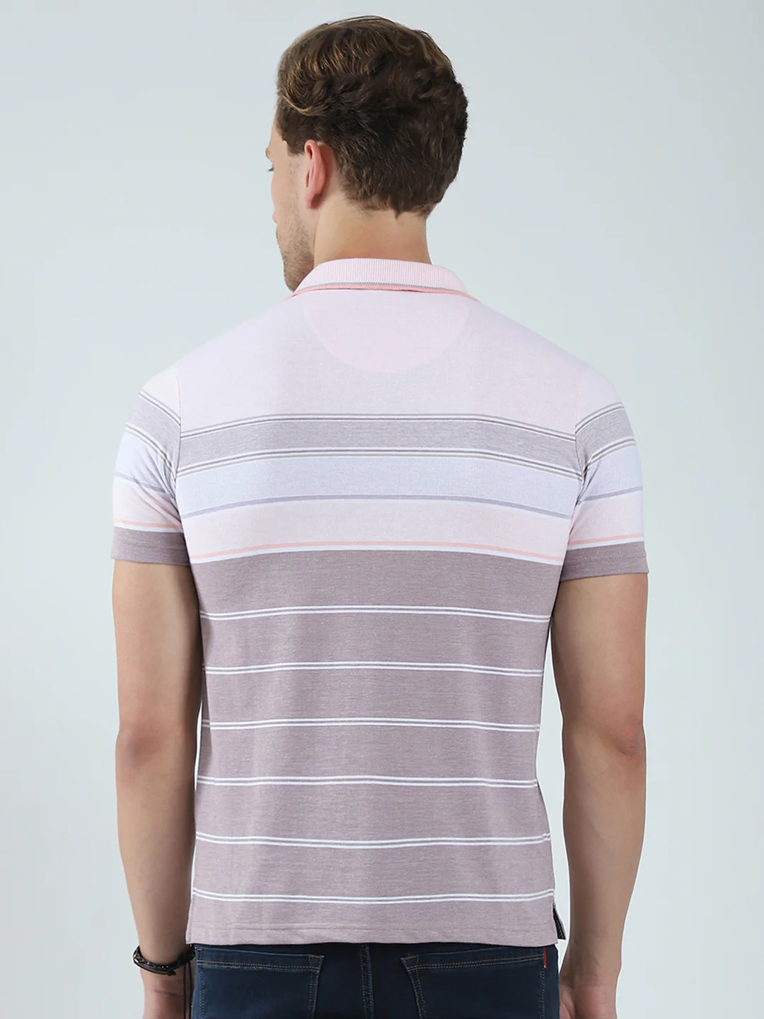 Men Pink Stripe Collar Half Sleeve T-Shirt - Image 5