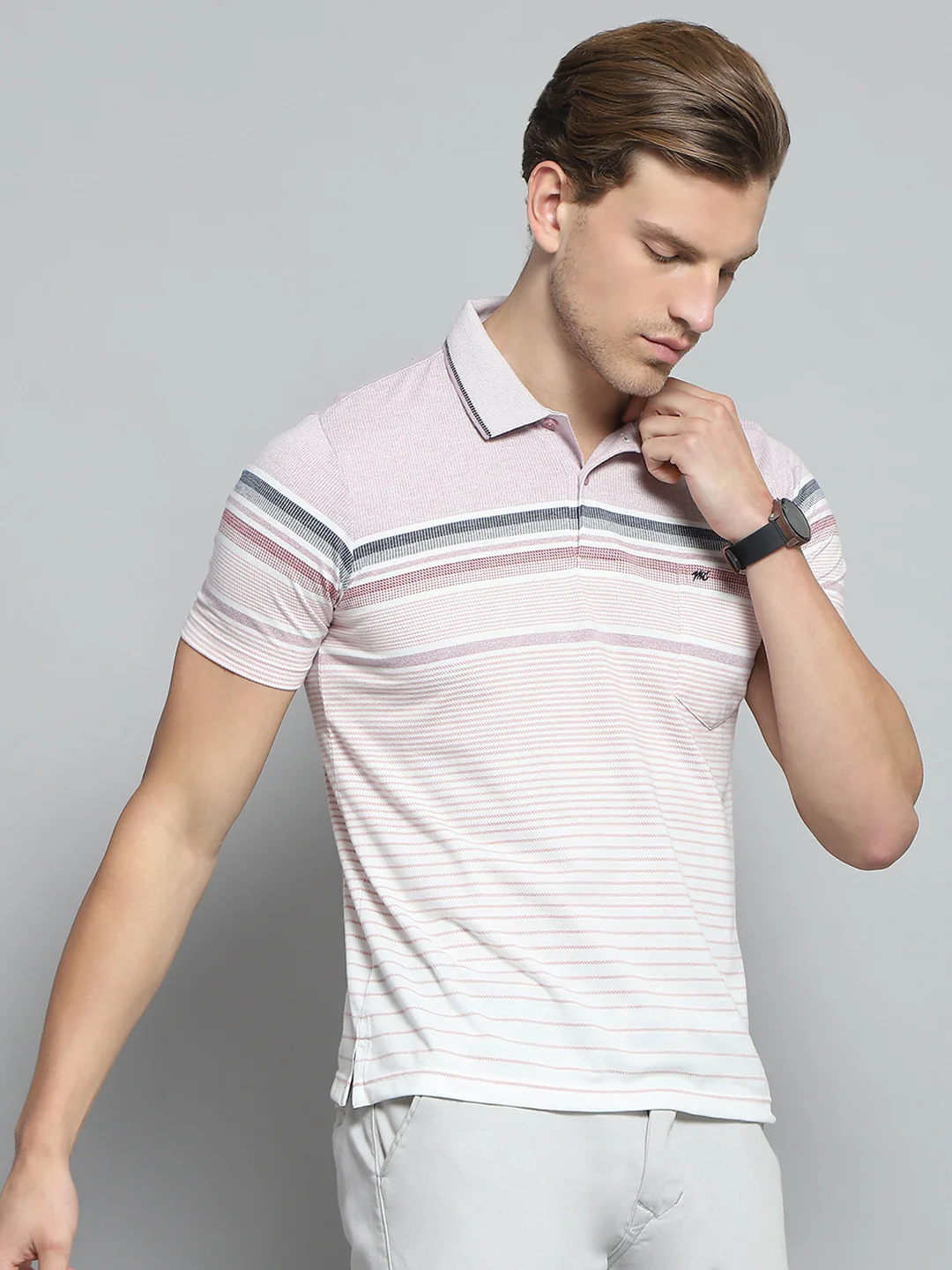 Men Pink Stripe Collar Half Sleeve T-Shirt - Image 3