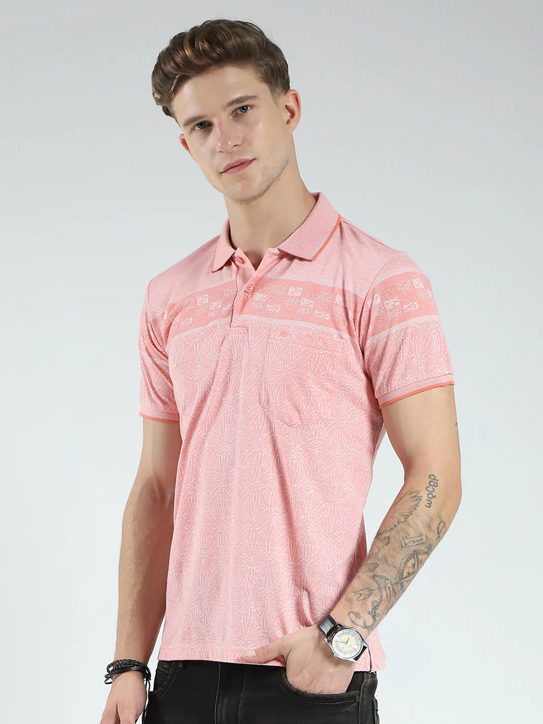 Men Pink Stripe Collar Half Sleeve T-Shirt - Image 3