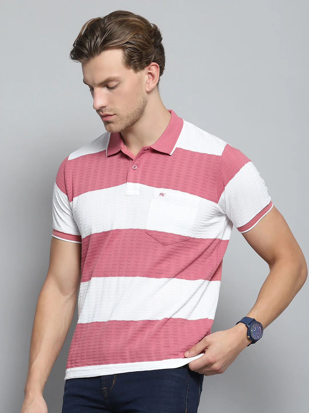 Men Pink Stripe Collar Half Sleeve T-Shirt - Image 3