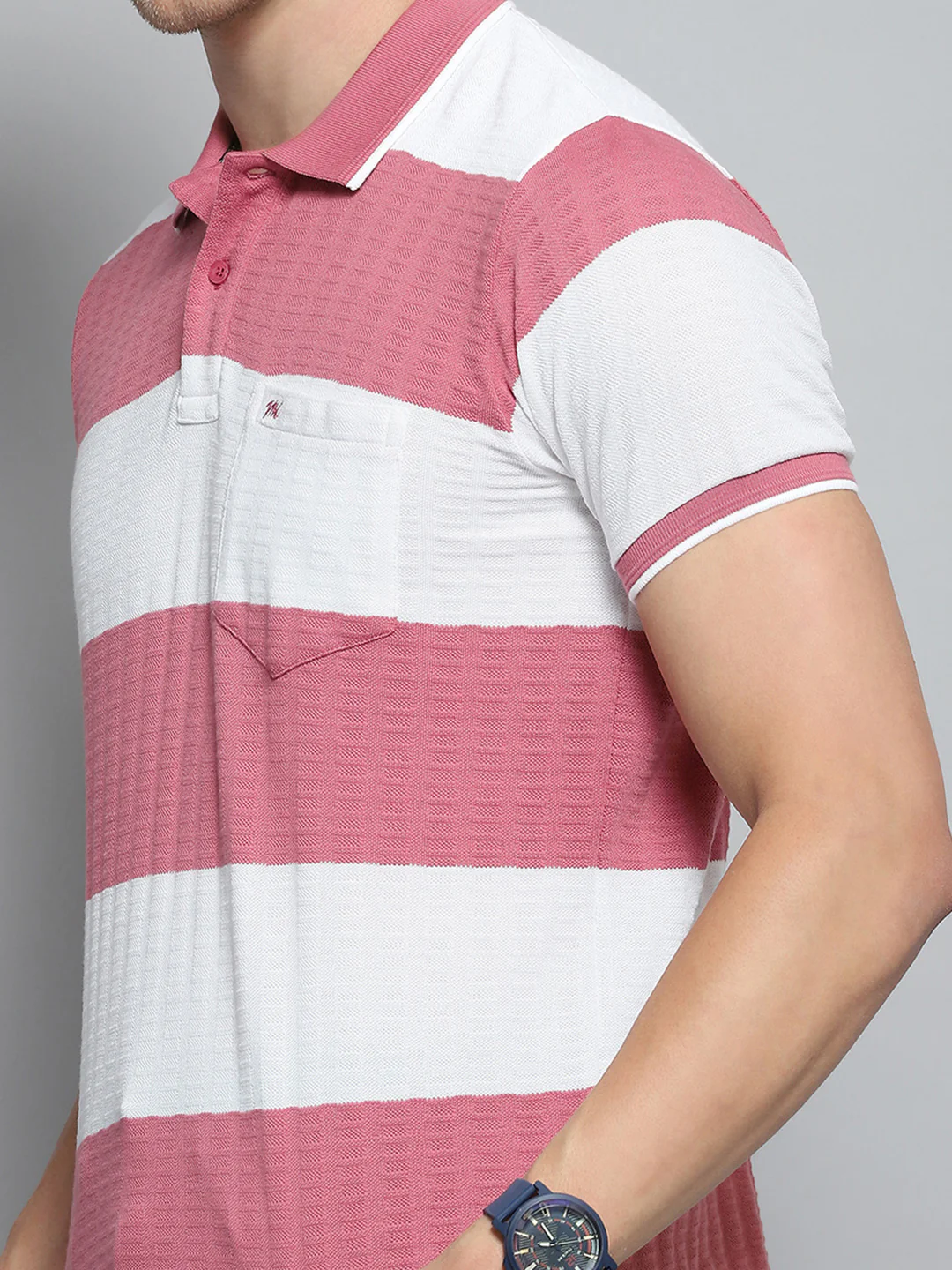 Men Pink Stripe Collar Half Sleeve T-Shirt - Image 7