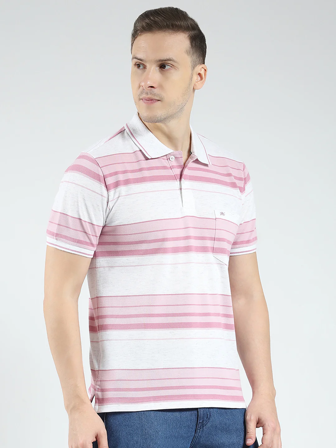 Men Pink Stripe Collar Half Sleeve T-Shirt - Image 4