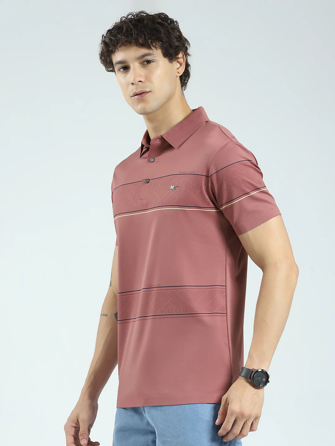 Men Pink Stripe Collar Half Sleeve T-Shirt - Image 3