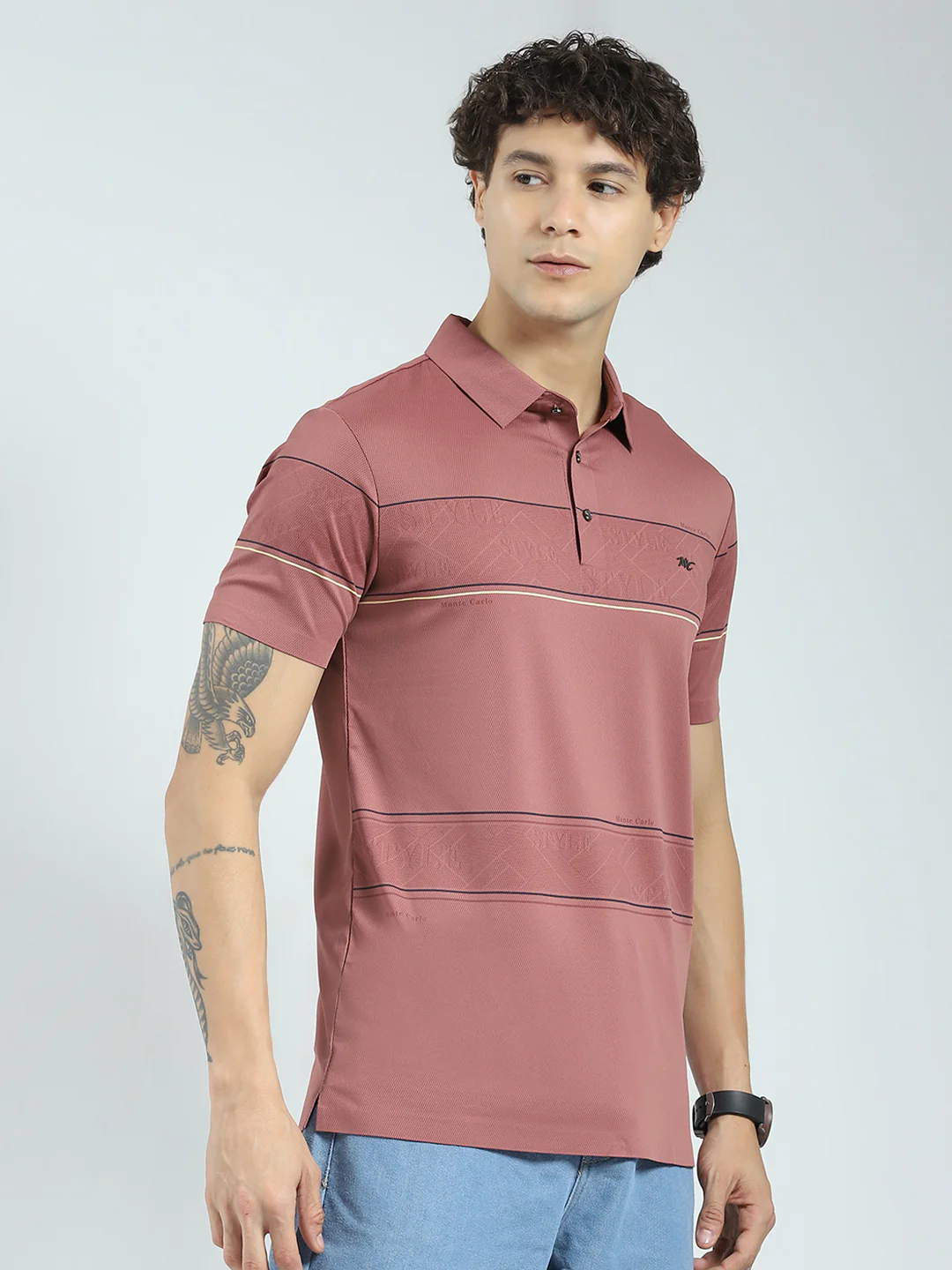 Men Pink Stripe Collar Half Sleeve T-Shirt - Image 4