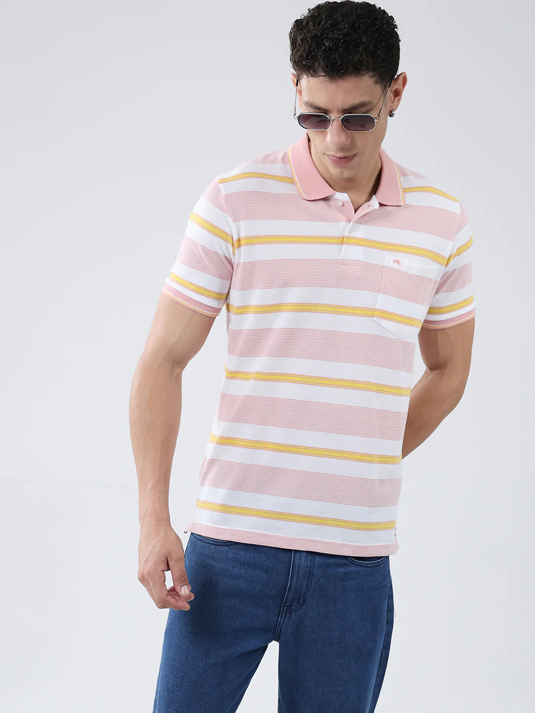 Men Pink Stripe Collar Half Sleeve T-Shirt - Image 6