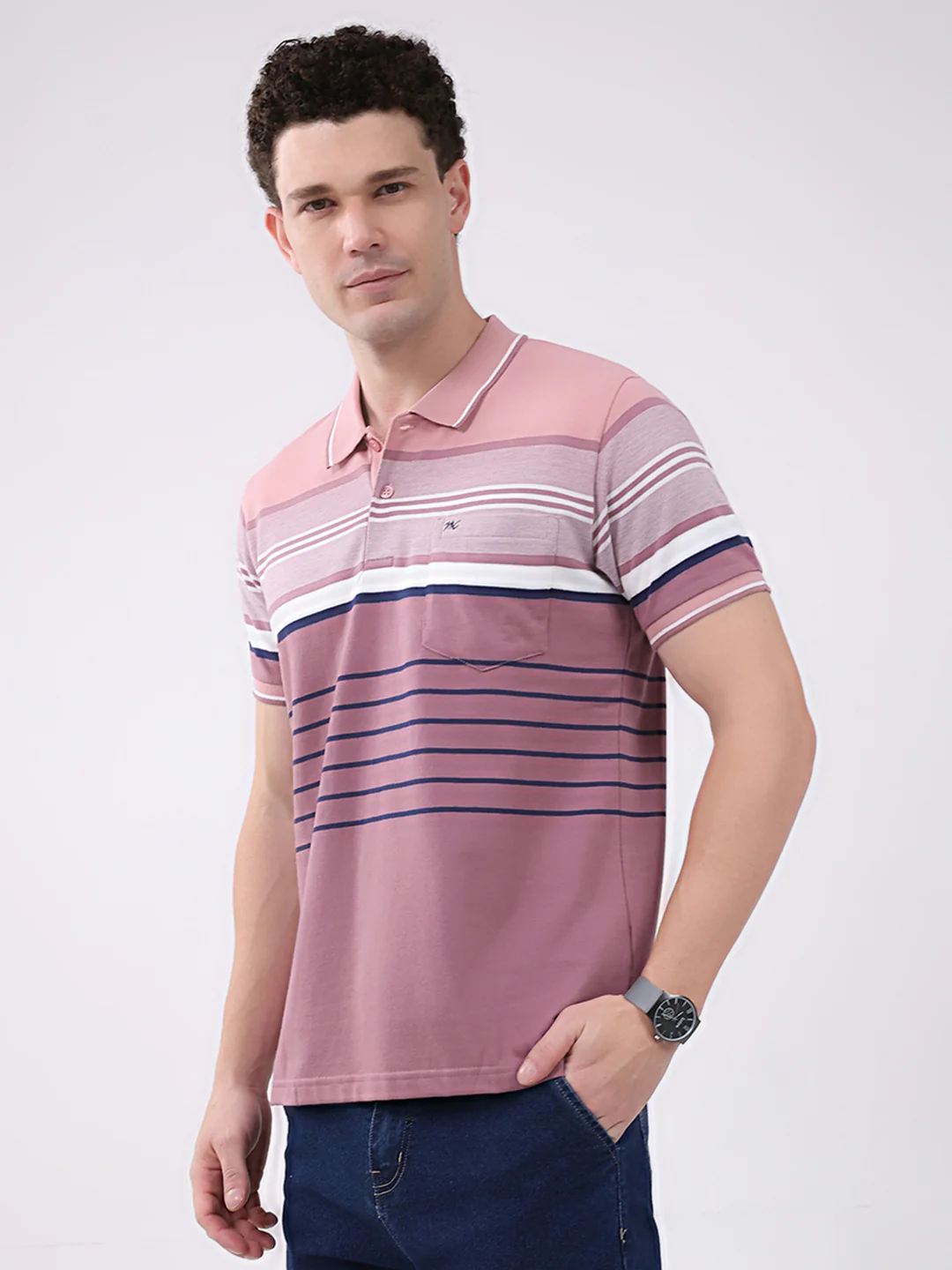 Men Pink Stripe Collar Half Sleeve T-Shirt - Image 3