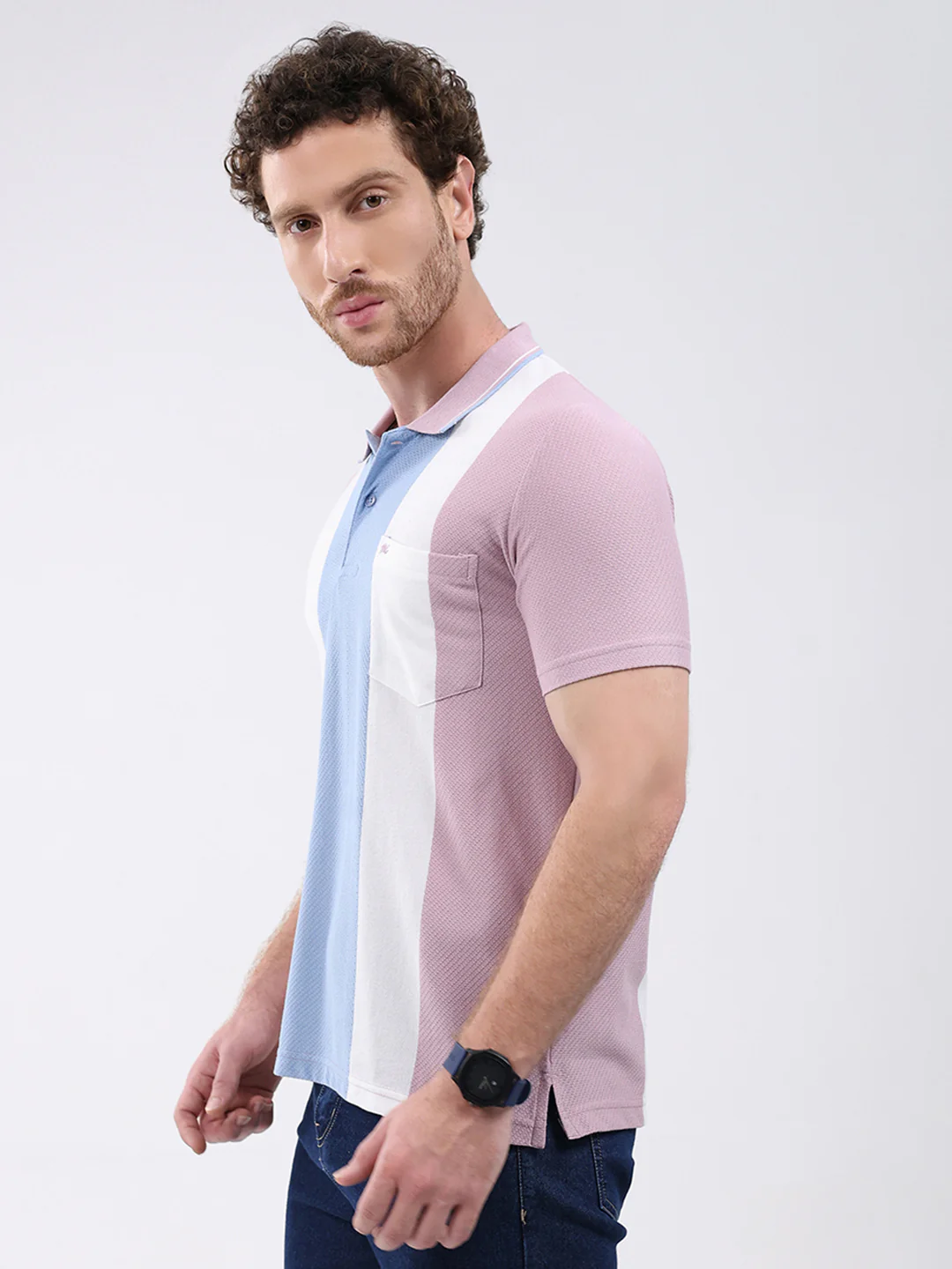 Men Pink Stripe Collar Half Sleeve T-Shirt - Image 3