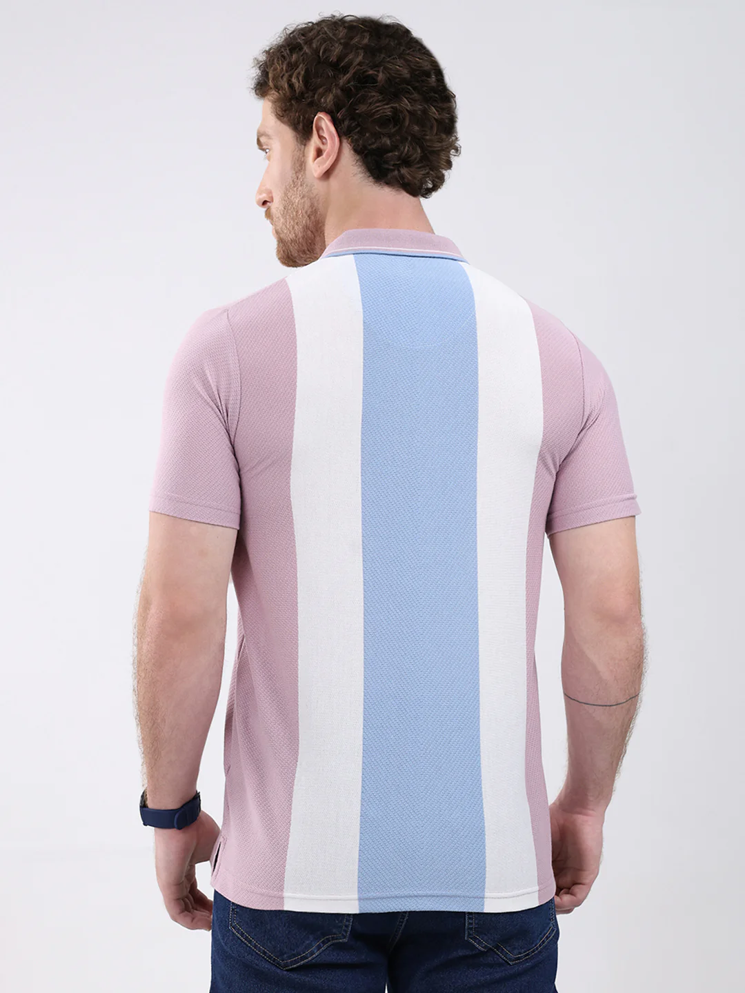 Men Pink Stripe Collar Half Sleeve T-Shirt - Image 5