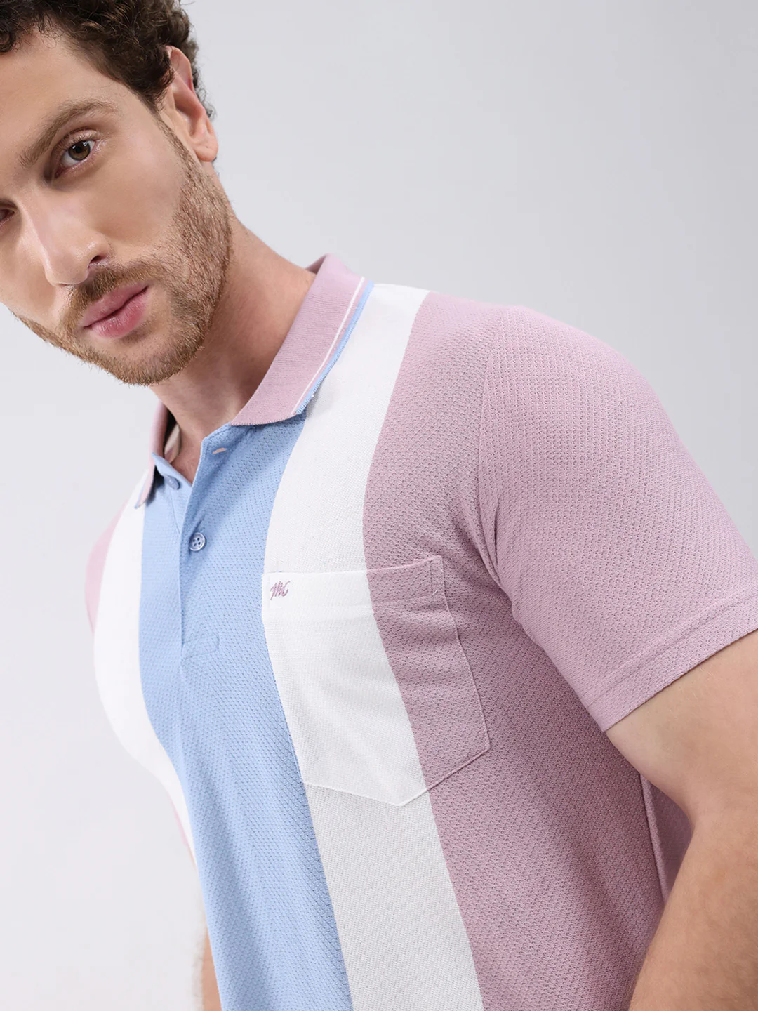 Men Pink Stripe Collar Half Sleeve T-Shirt - Image 7