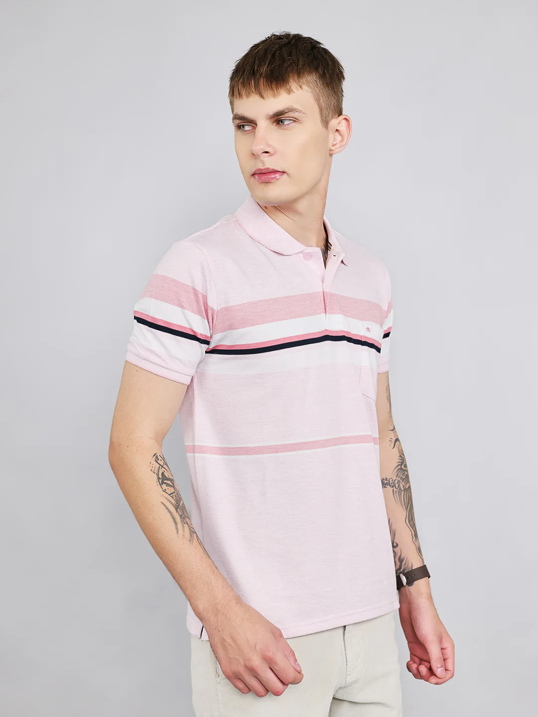 Men Pink Stripe Collar Half Sleeve T-Shirt - Image 2