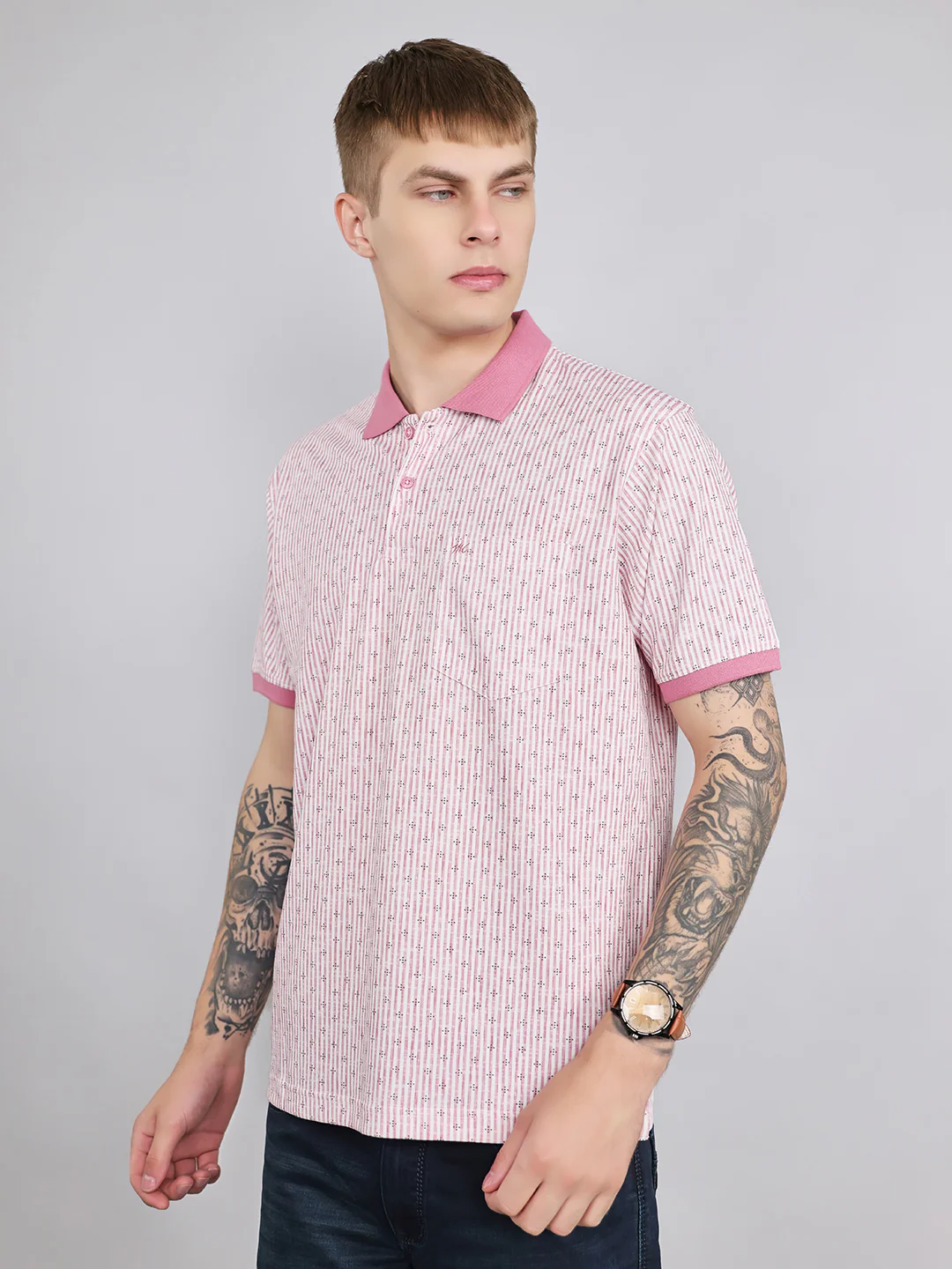 Men Pink Stripe Collar Half Sleeve T-Shirt - Image 2